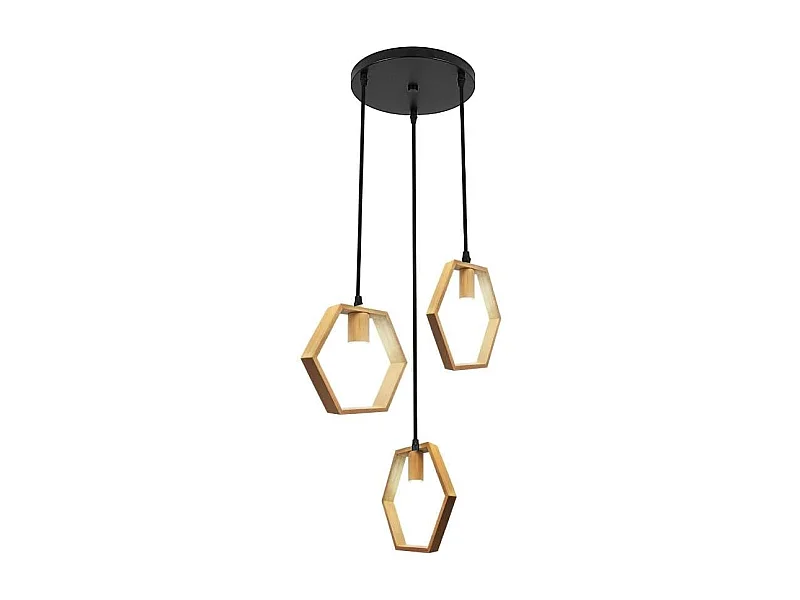 Lustre hexagonal en bois, 3 lumières, hauteur réglable 1,1 m, douille E27, sans ampoule