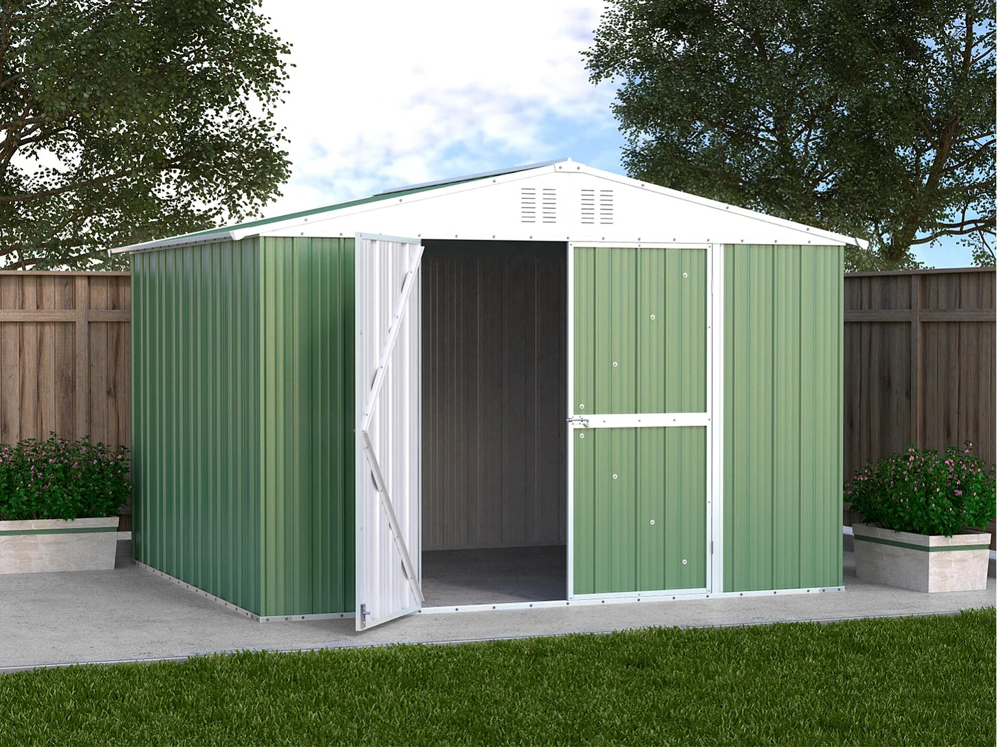 Casetta acciaio da giardino in lamiera zincata 327x269cm x h 215cm - 132 kg - 8,80mq - VERDE