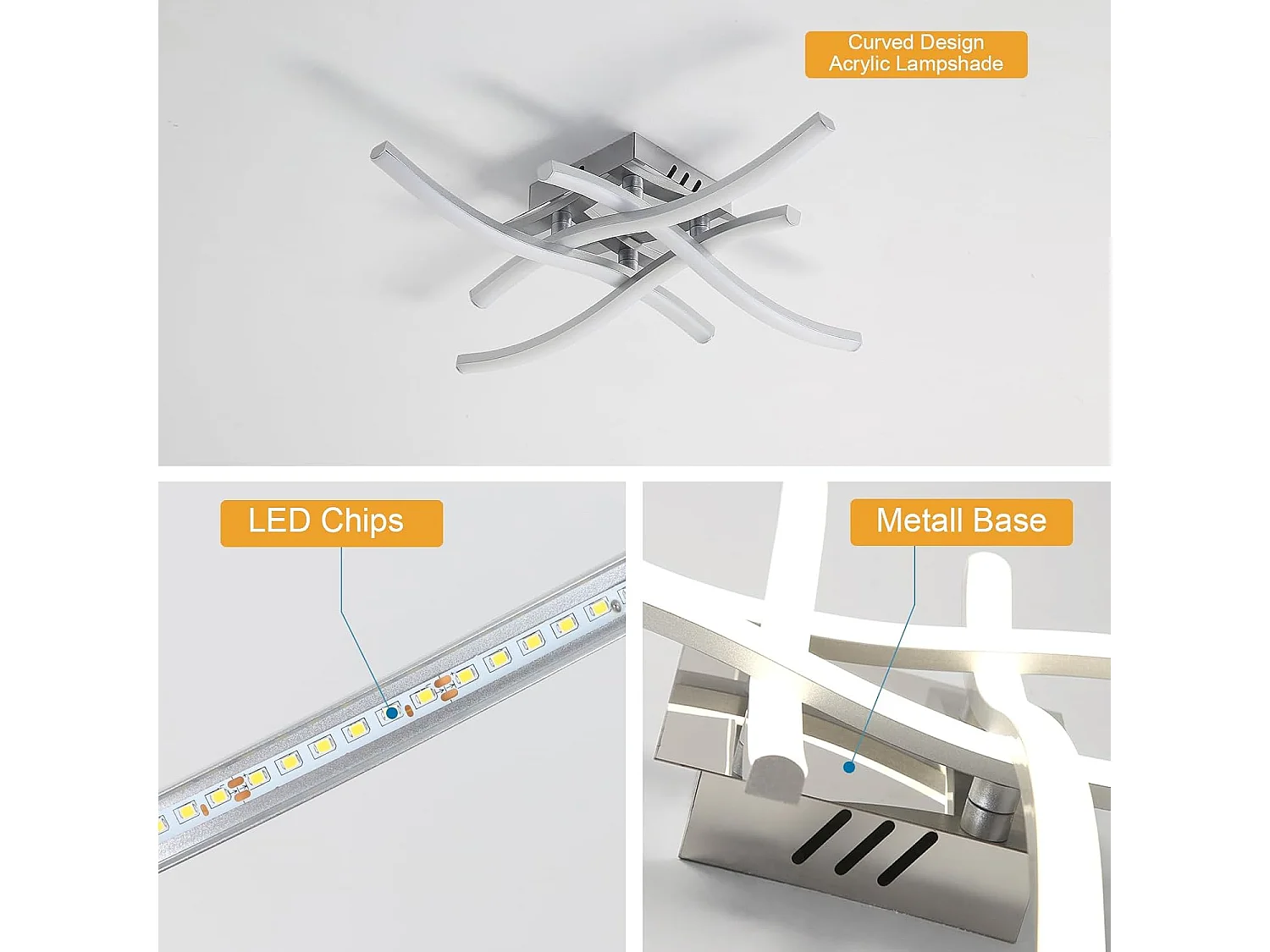 Plafonnier LED, luminaire LED moderne, 4 bandes LED intégrées, 24 W, 2700 lm, lumière neutre 4500 K, parfait pour les chambres et les salons