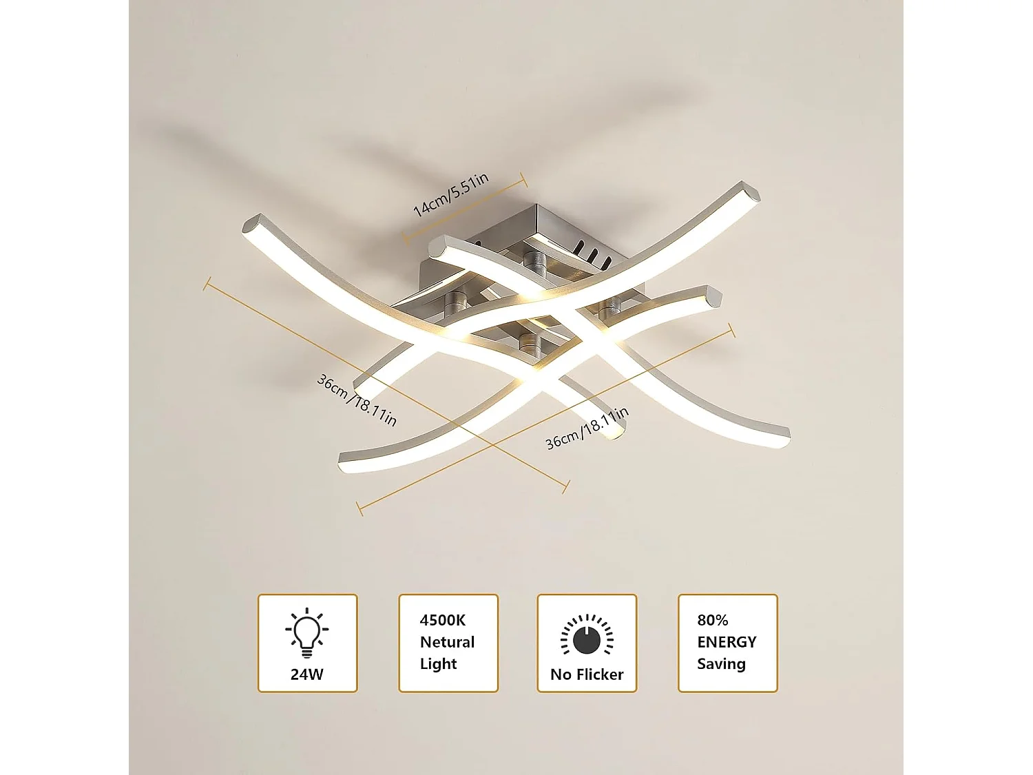 Plafonnier LED, luminaire LED moderne, 4 bandes LED intégrées, 24 W, 2700 lm, lumière neutre 4500 K, parfait pour les chambres et les salons