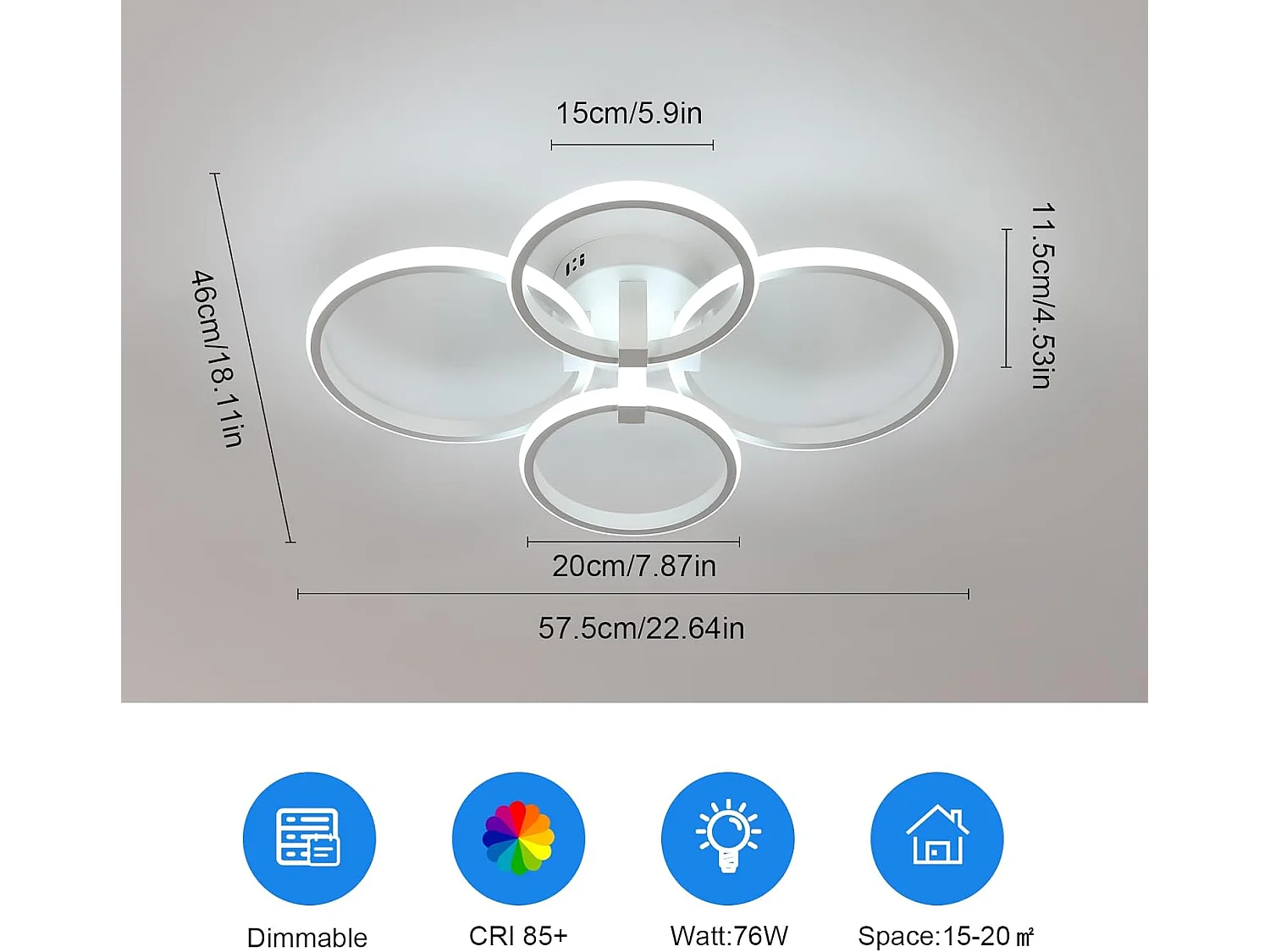 Plafonnier LED à intensité variable,76W,8550lm,avec télécommande, design acrylique moderne,température de couleur et luminosité réglables,3000K-6500K