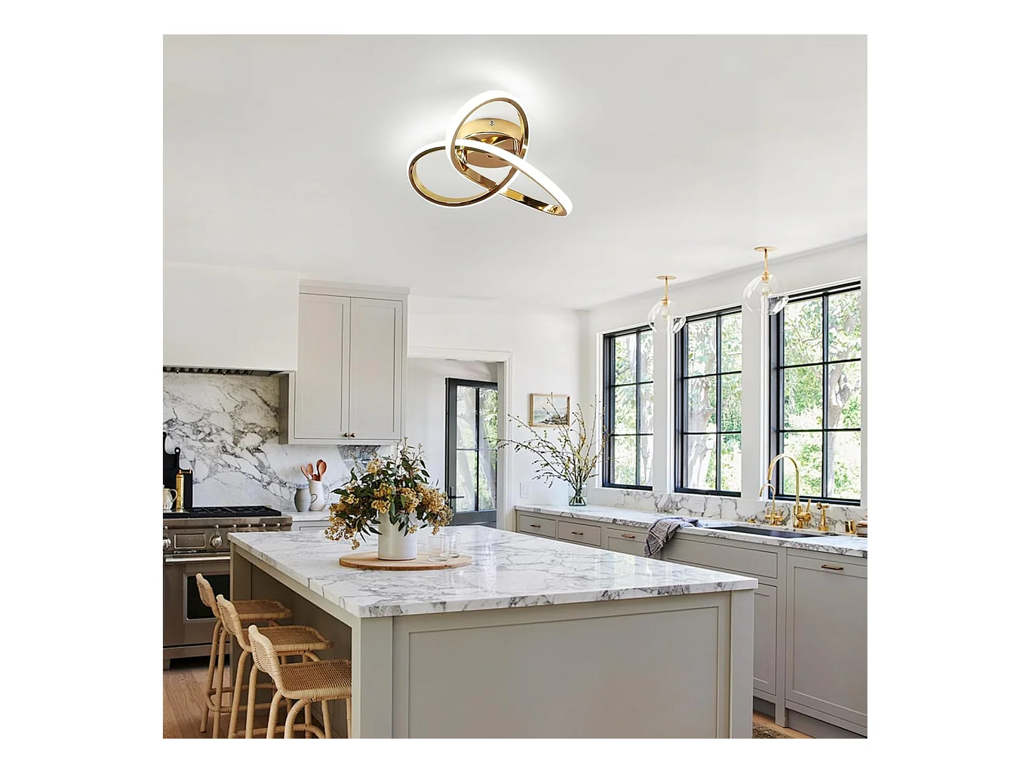 Plafonnier LED 30 W, lumière blanche froide 6 500 K, 3 375 lm, design moderne doré, motif floral, pour salon, chambre, cuisine et couloir.