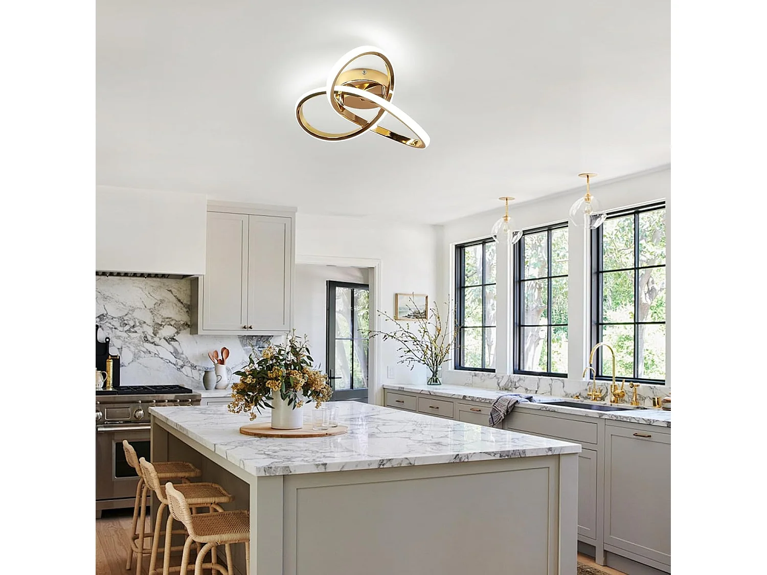 Plafonnier LED 30 W, lumière blanche froide 6 500 K, 3 375 lm, design moderne doré, motif floral, pour salon, chambre, cuisine et couloir.