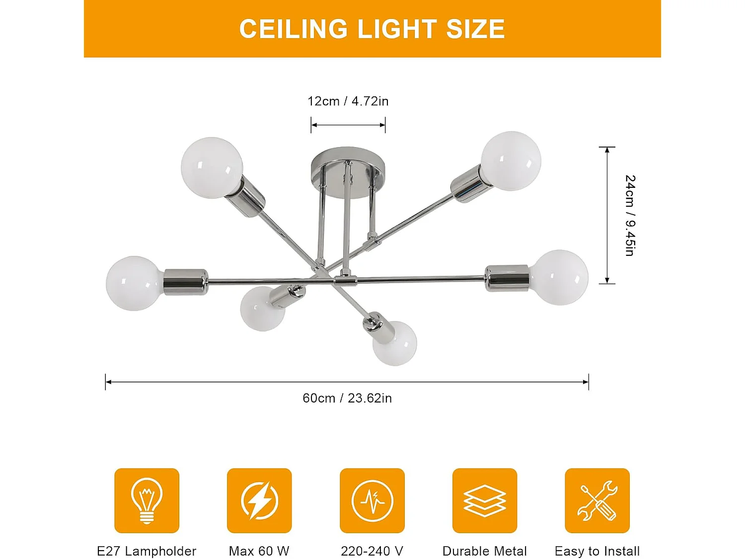 Plafonnier de style industriel moderne, plafonnier 6 lumières E27, lampe suspendue pour chambre, salon, cuisine, salle à manger, chromé