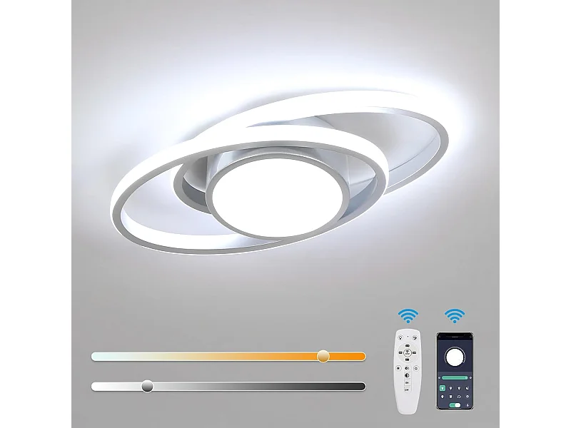 Plafonnier LED à intensité variable, 39W, 4387lm, moderne, avec télécommande et application, argenté, 3000K-6500K, pour salon, chambre, 38,5cm