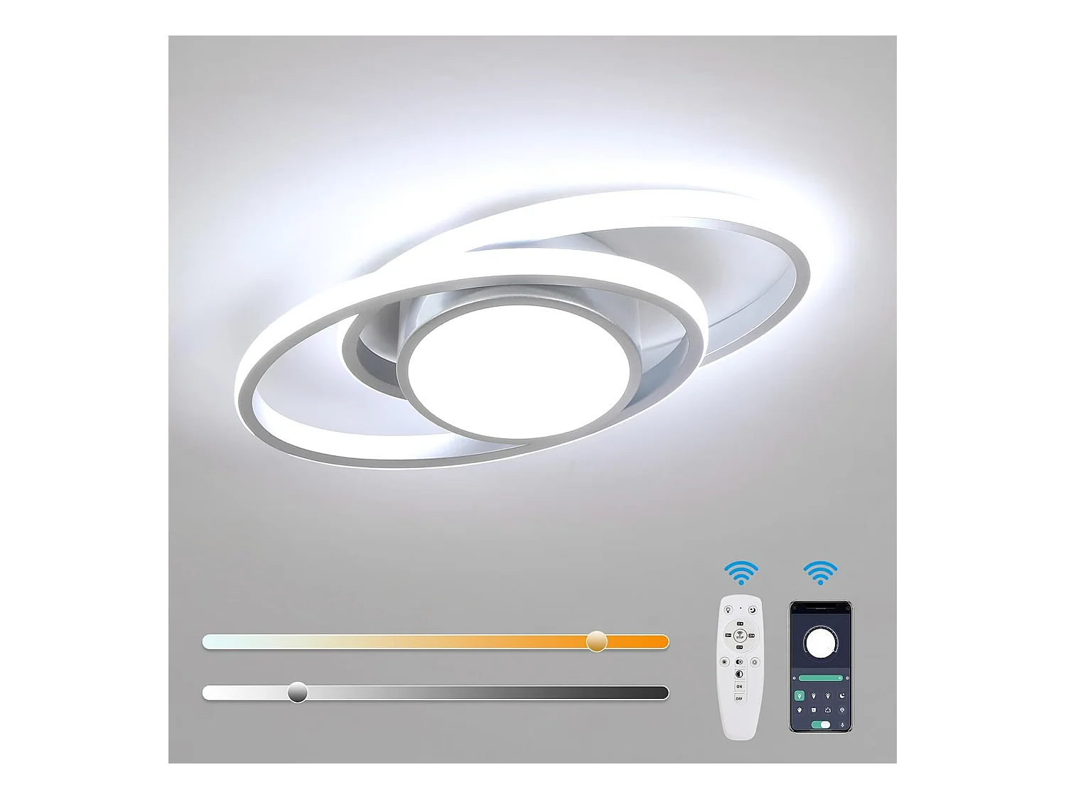 Plafonnier LED à intensité variable, 39W, 4387lm, moderne, avec télécommande et application, argenté, 3000K-6500K, pour salon, chambre, 38,5cm