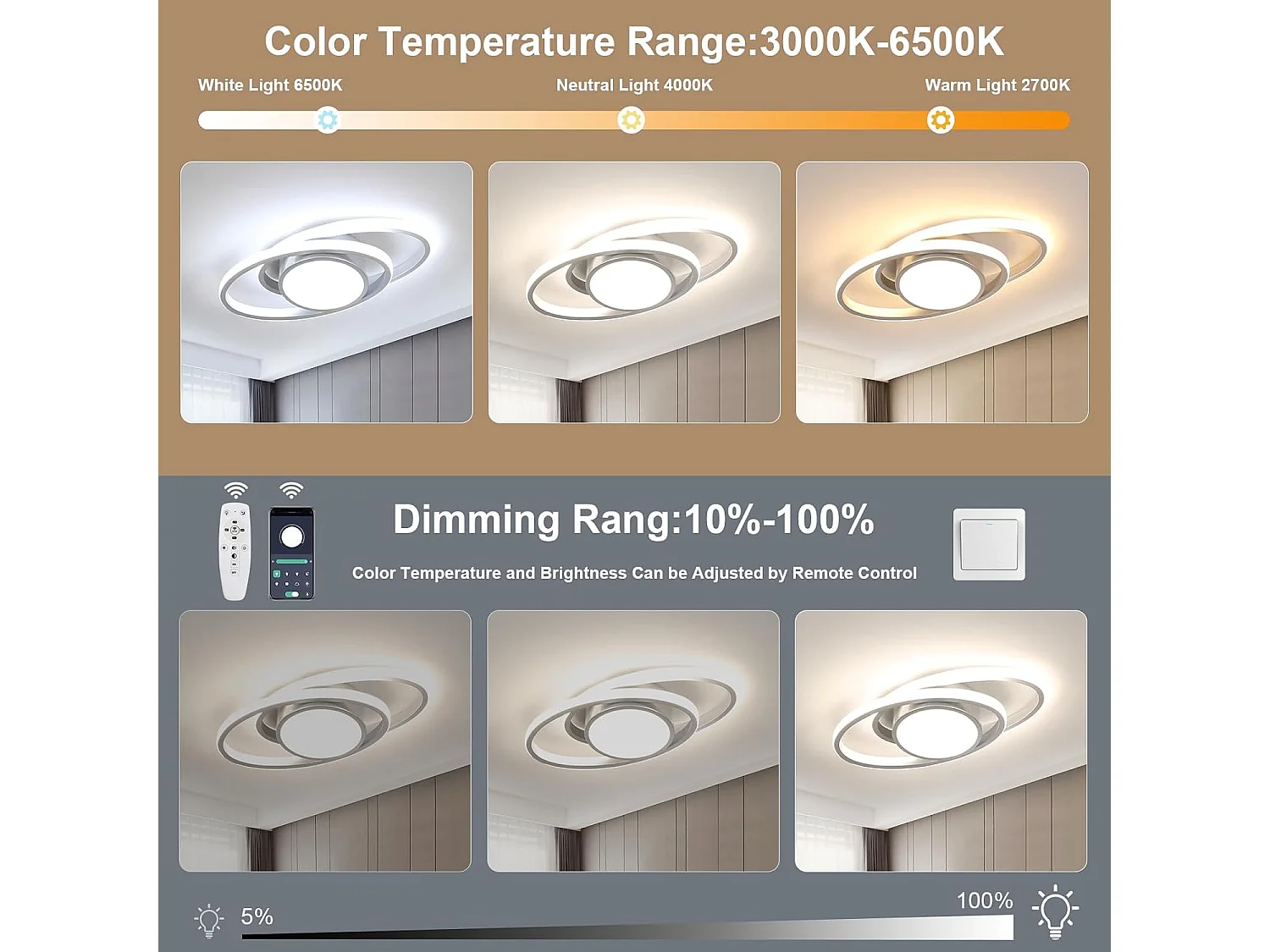 Plafonnier LED à intensité variable, 39W, 4387lm, moderne, avec télécommande et application, argenté, 3000K-6500K, pour salon, chambre, 38,5cm