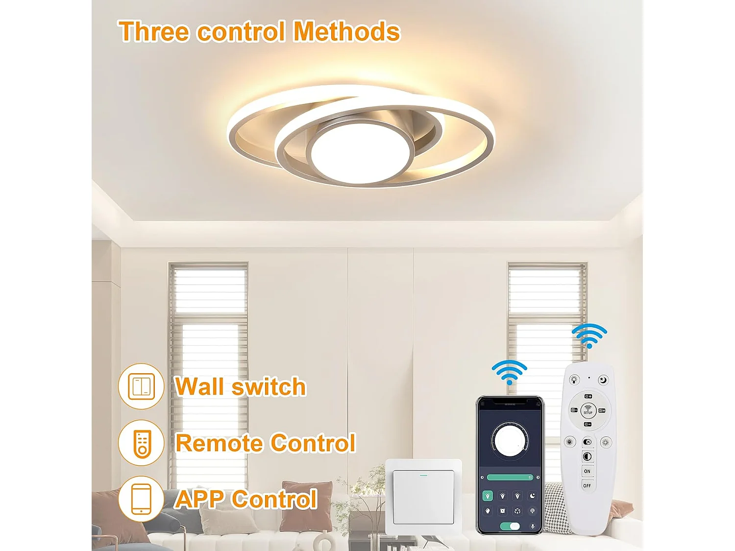 Plafonnier LED à intensité variable, 39W, 4387lm, moderne, avec télécommande et application, argenté, 3000K-6500K, pour salon, chambre, 38,5cm