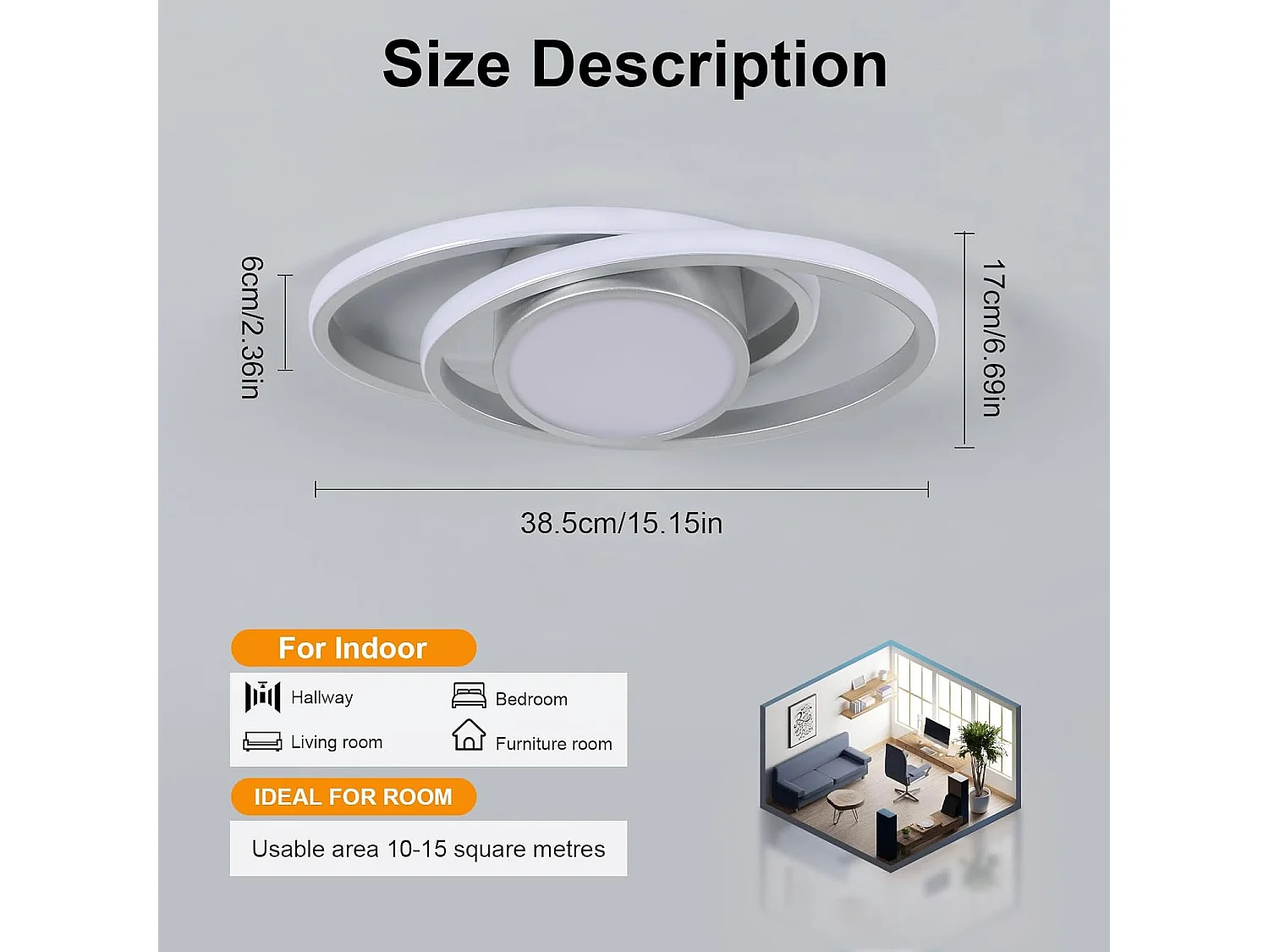 Plafonnier LED à intensité variable, 39W, 4387lm, moderne, avec télécommande et application, argenté, 3000K-6500K, pour salon, chambre, 38,5cm