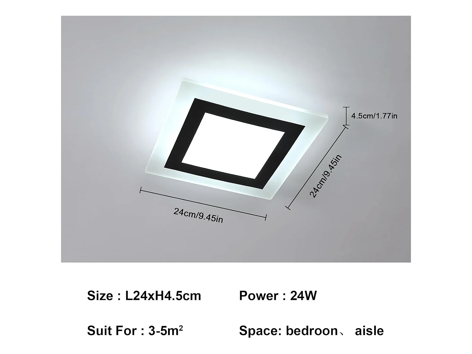 Plafonnier LED créatif 24W 2500lm, carré en aluminium et acrylique, pour salon, chambre, cuisine, salle à manger, lumière blanche froide 6500K