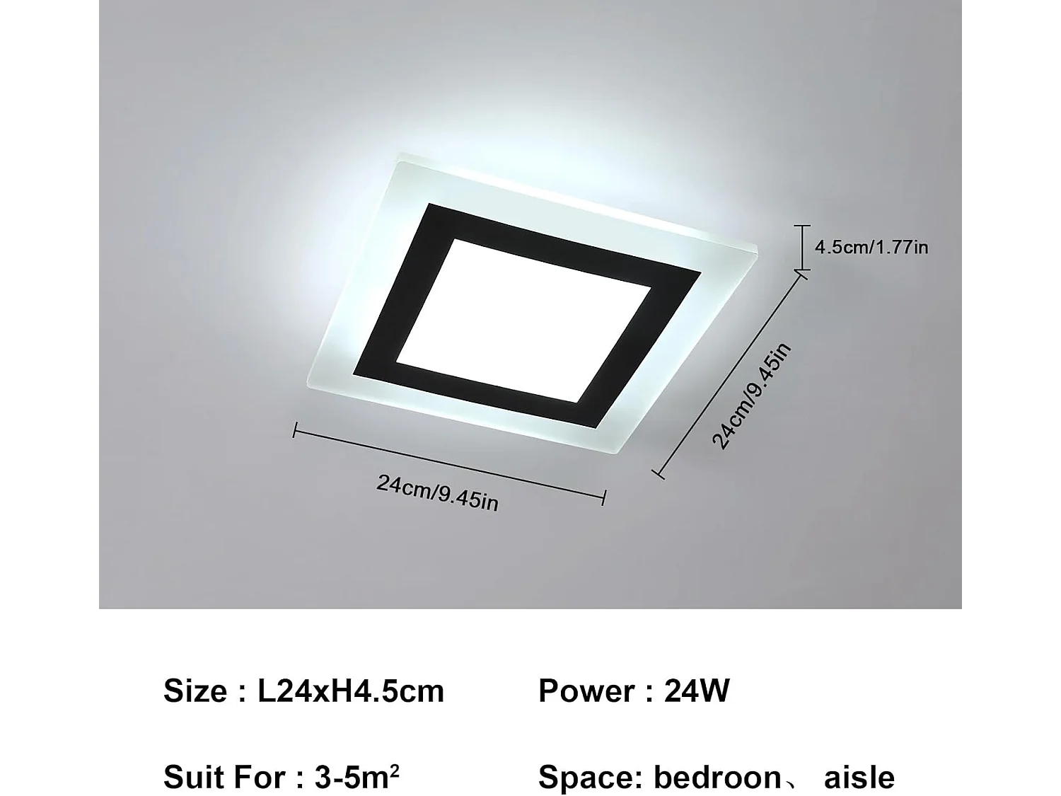 Plafonnier LED créatif 24W 2500lm, carré en aluminium et acrylique, pour salon, chambre, cuisine, salle à manger, lumière blanche froide 6500K