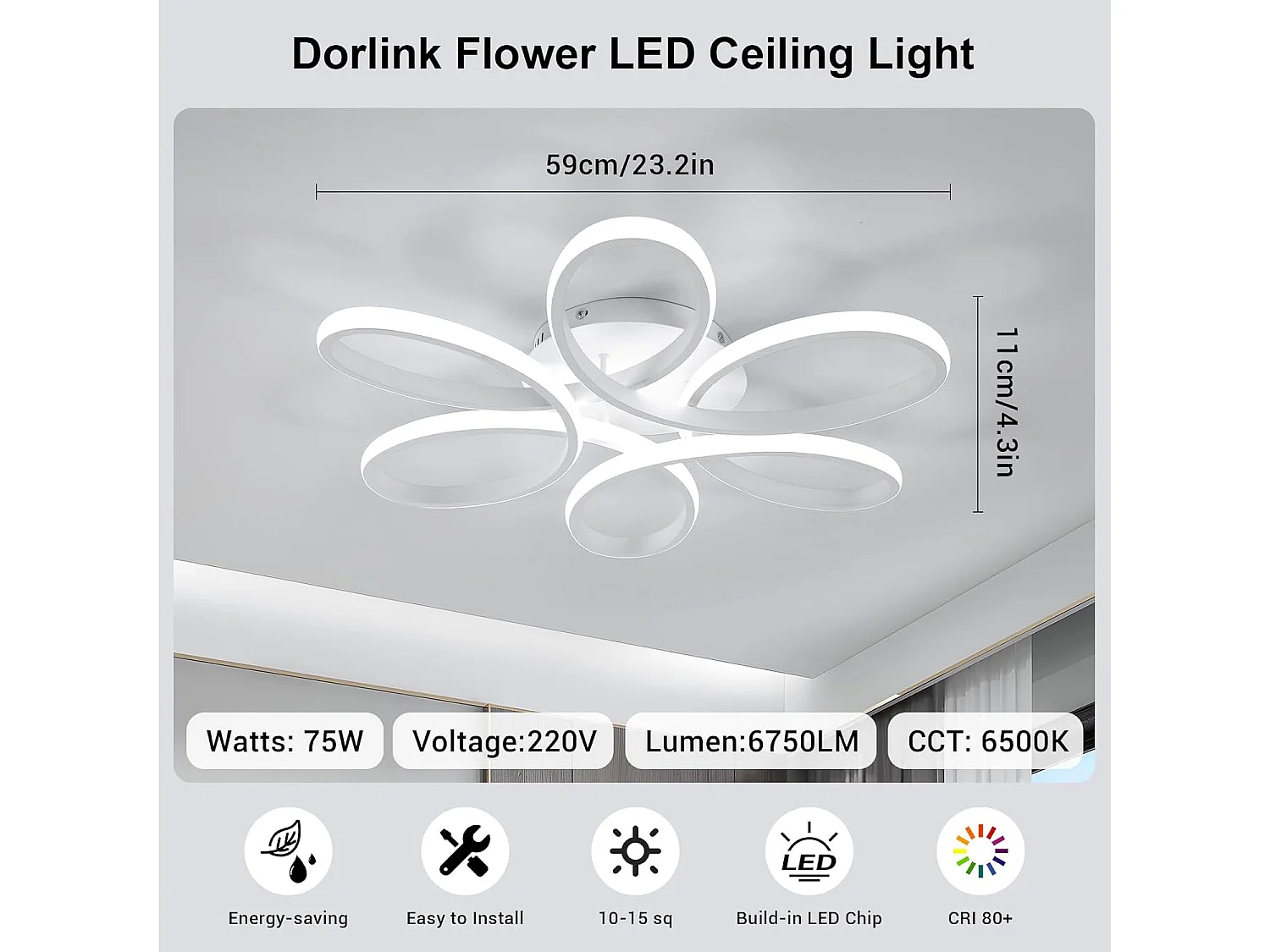 Plafonnier LED, 75W, 6750lm, plafonnier LED, style moderne, plafonnier de salon, blanc, 6500K, lumière blanc froid, diamètre 59 cm