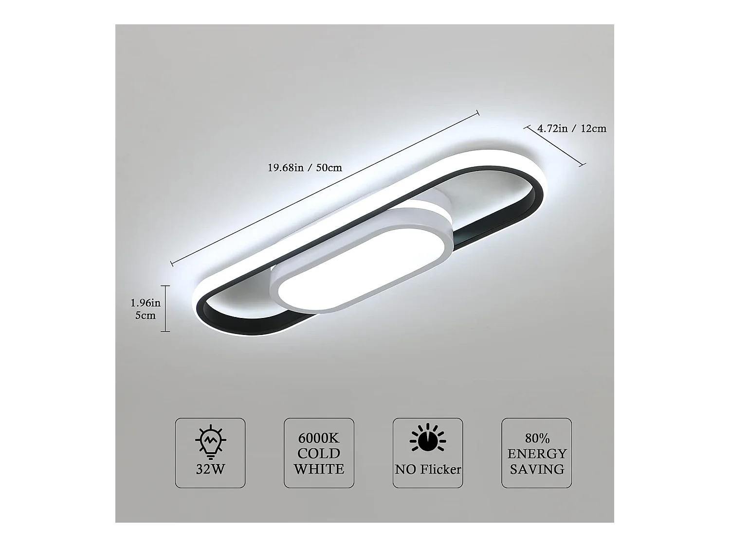Plafonnier LED Ovale Réglable 3 Couleurs (3000K/4500K/6500K) - 30W - Aluminium Noir/Blanc - 48*12.5*5cm - 220V