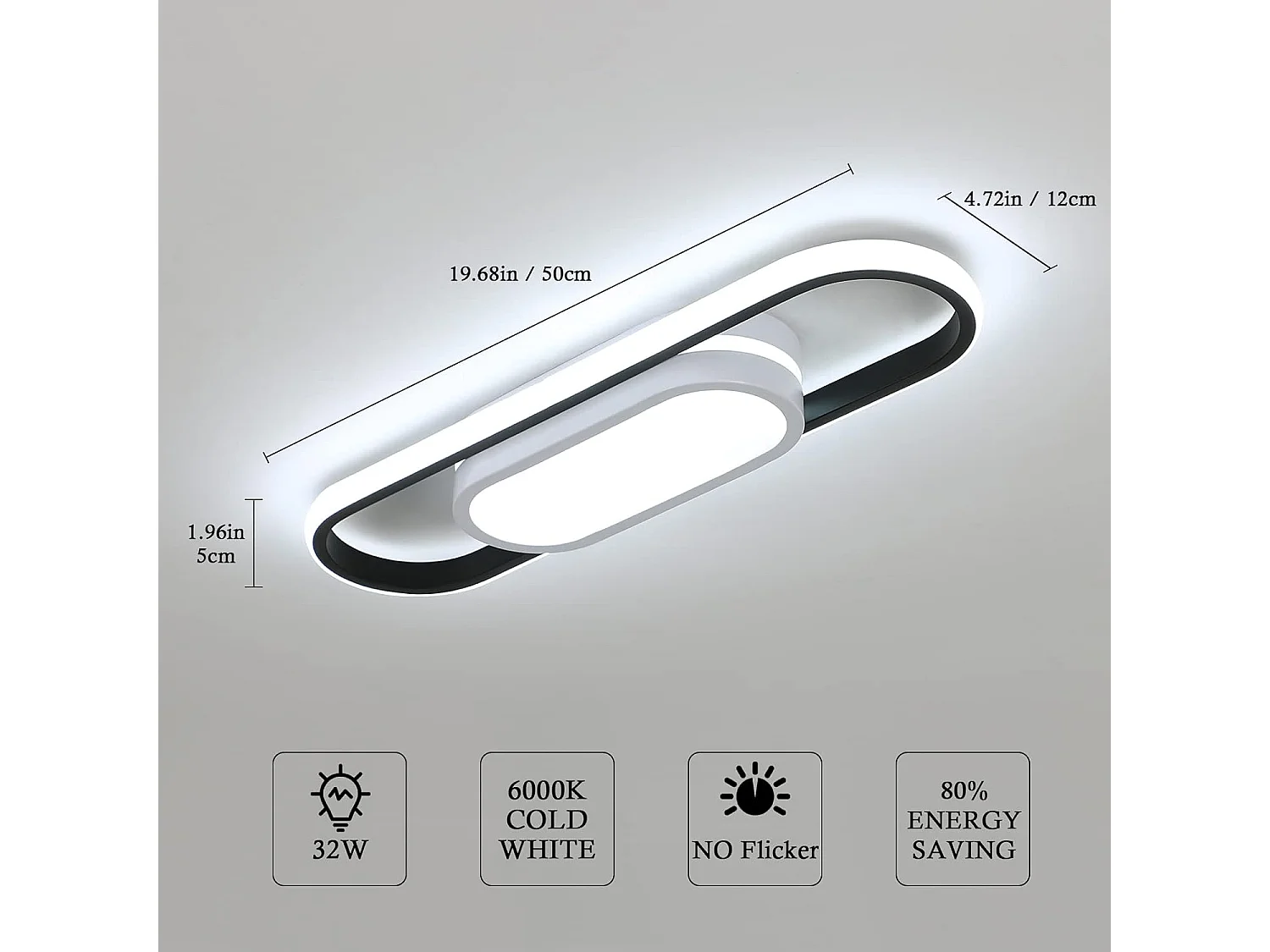 Plafonnier LED Ovale Réglable 3 Couleurs (3000K/4500K/6500K) - 30W - Aluminium Noir/Blanc - 48*12.5*5cm - 220V