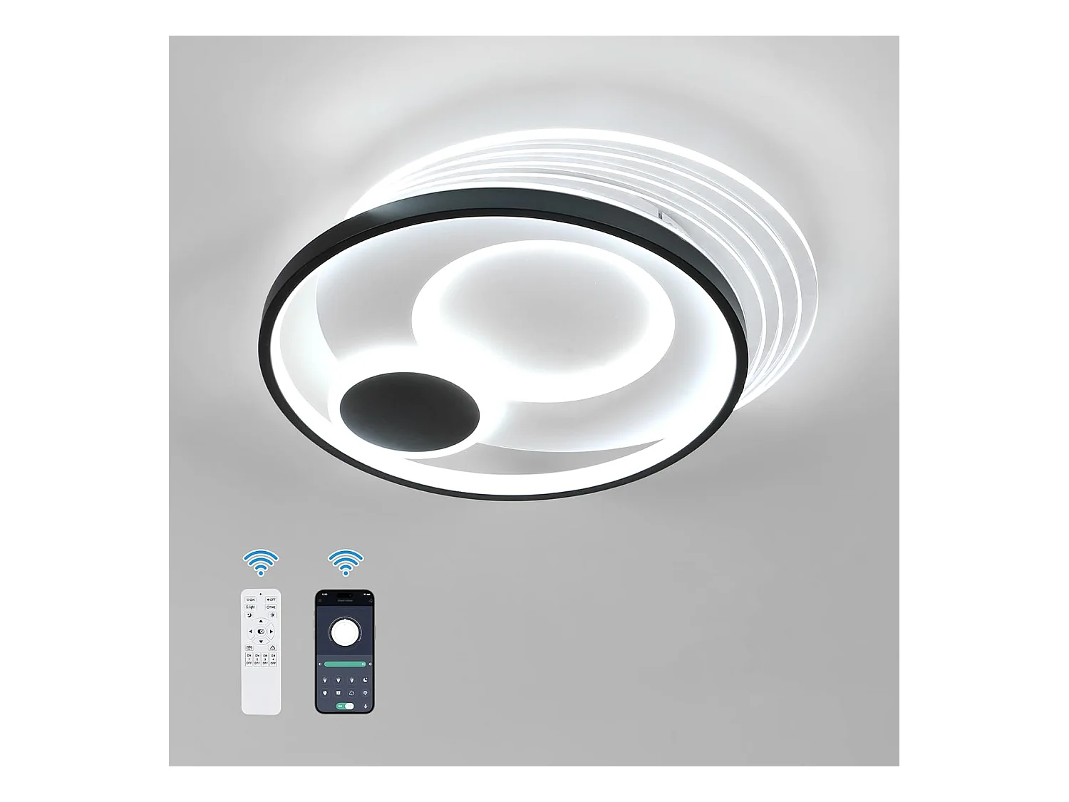 Plafonnier LED, rond, dimmable, 37W, 3330 lumens, contemporain, noir et blanc, 45 cm, intérieur, chambre, salon, cuisine
