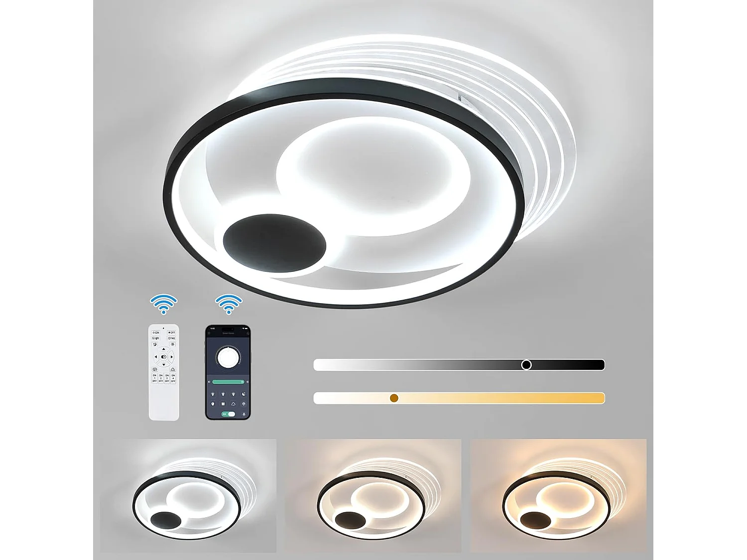 Plafonnier LED, rond, dimmable, 37W, 3330 lumens, contemporain, noir et blanc, 45 cm, intérieur, chambre, salon, cuisine