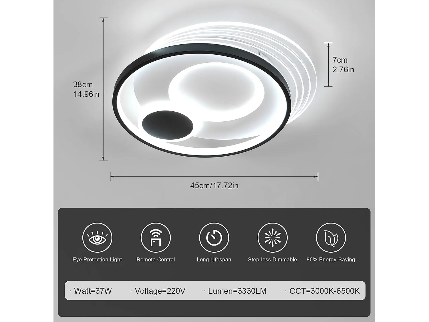 Plafonnier LED, rond, dimmable, 37W, 3330 lumens, contemporain, noir et blanc, 45 cm, intérieur, chambre, salon, cuisine