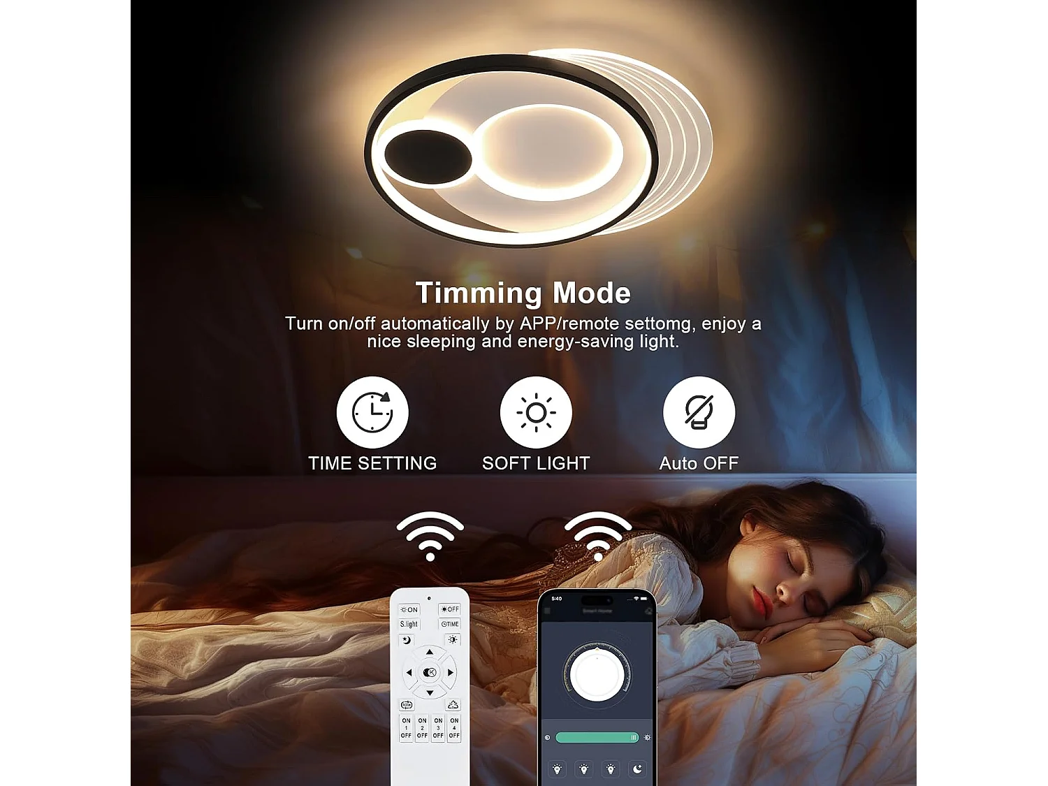 Plafonnier LED, rond, dimmable, 37W, 3330 lumens, contemporain, noir et blanc, 45 cm, intérieur, chambre, salon, cuisine