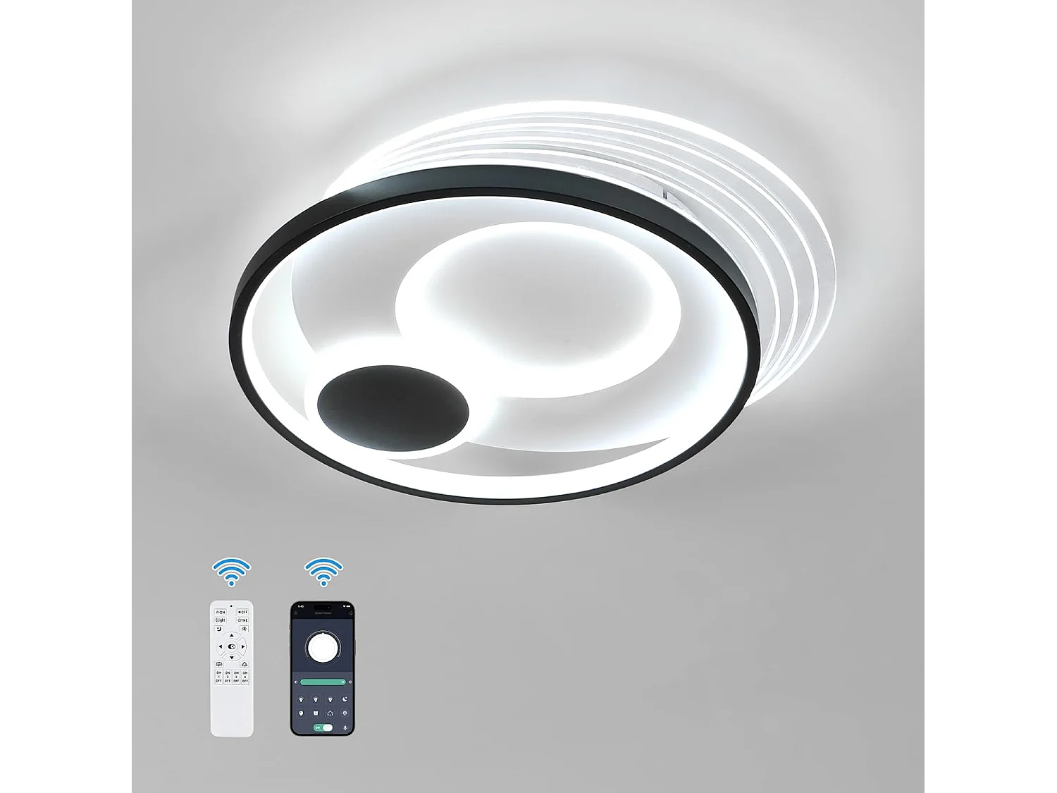 Plafonnier LED, rond, dimmable, 37W, 3330 lumens, contemporain, noir et blanc, 45 cm, intérieur, chambre, salon, cuisine