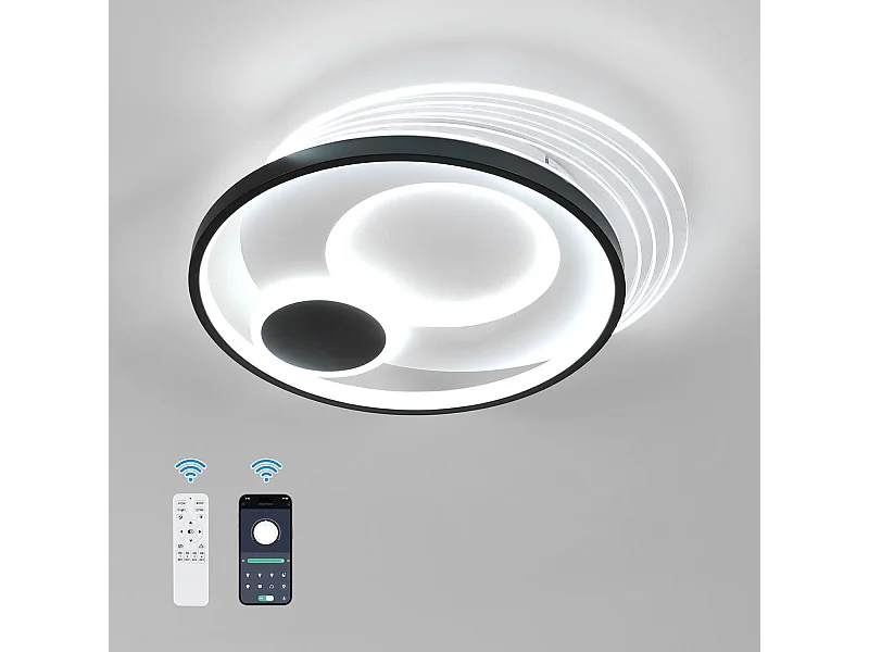 Plafonnier LED, rond, dimmable, 37W, 3330 lumens, contemporain, noir et blanc, 45 cm, intérieur, chambre, salon, cuisine
