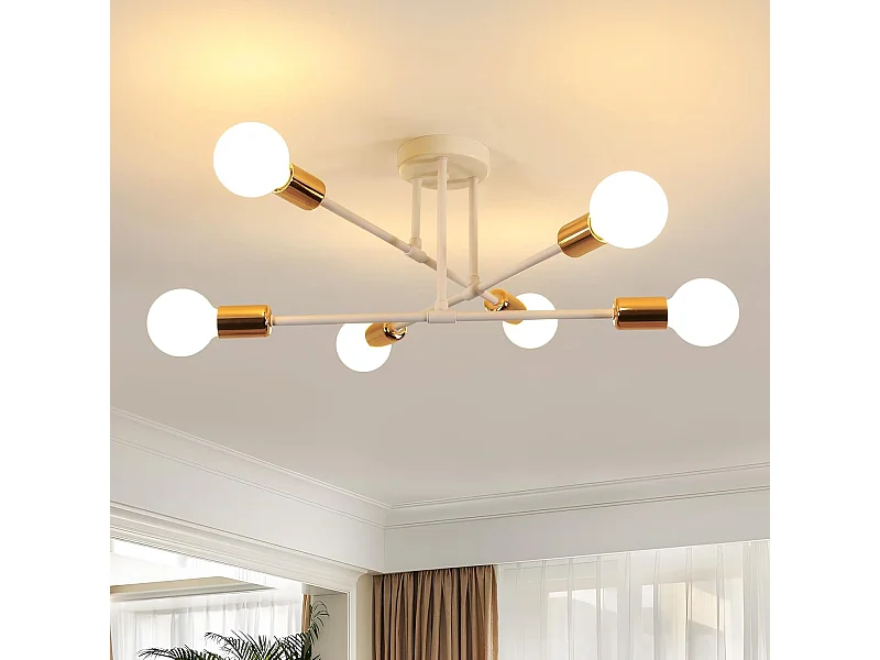 Lustre vintage 6 lumières E27 60cm, style moderne, pour salon, salle à manger, cuisine, blanc et doré, puissance maximale 60W (ampoule non incluse)