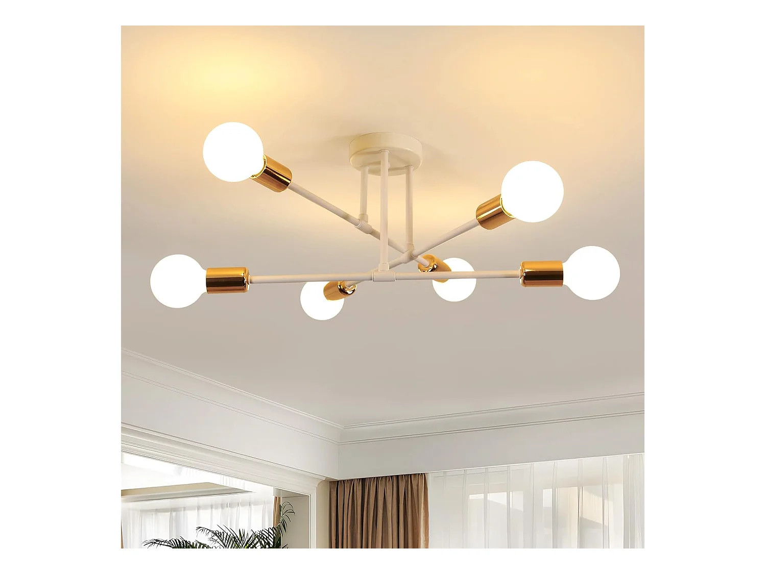 Lustre vintage 6 lumières E27 60cm, style moderne, pour salon, salle à manger, cuisine, blanc et doré, puissance maximale 60W (ampoule non incluse)