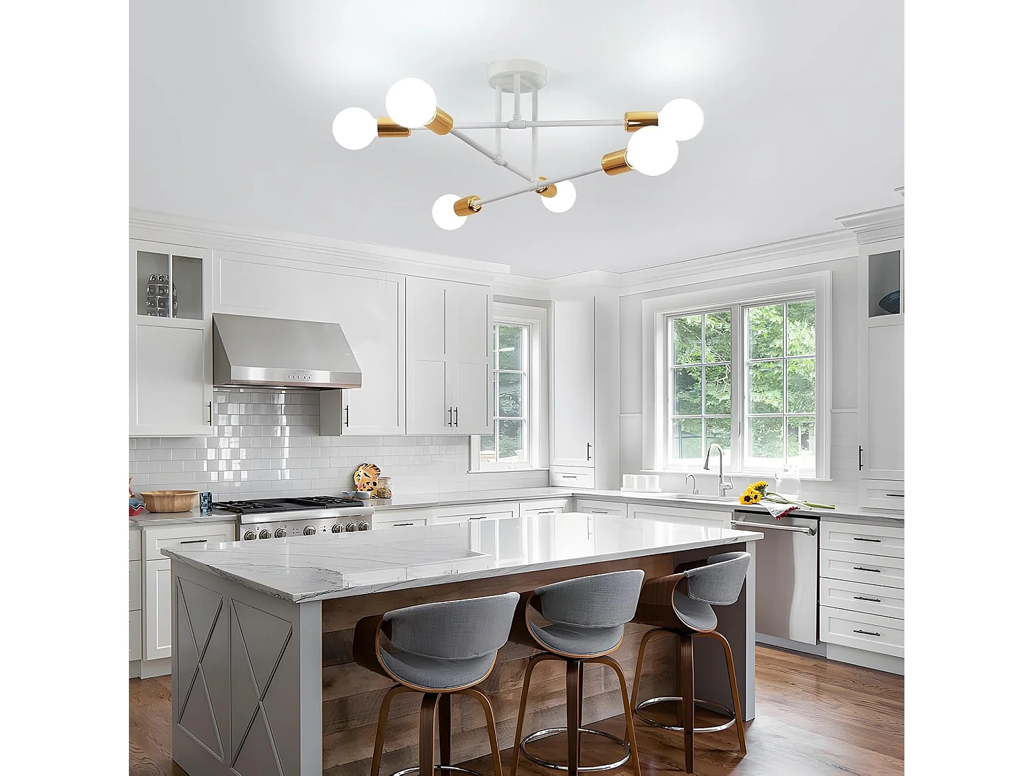 Lustre vintage 6 lumières E27 60cm, style moderne, pour salon, salle à manger, cuisine, blanc et doré, puissance maximale 60W (ampoule non incluse)