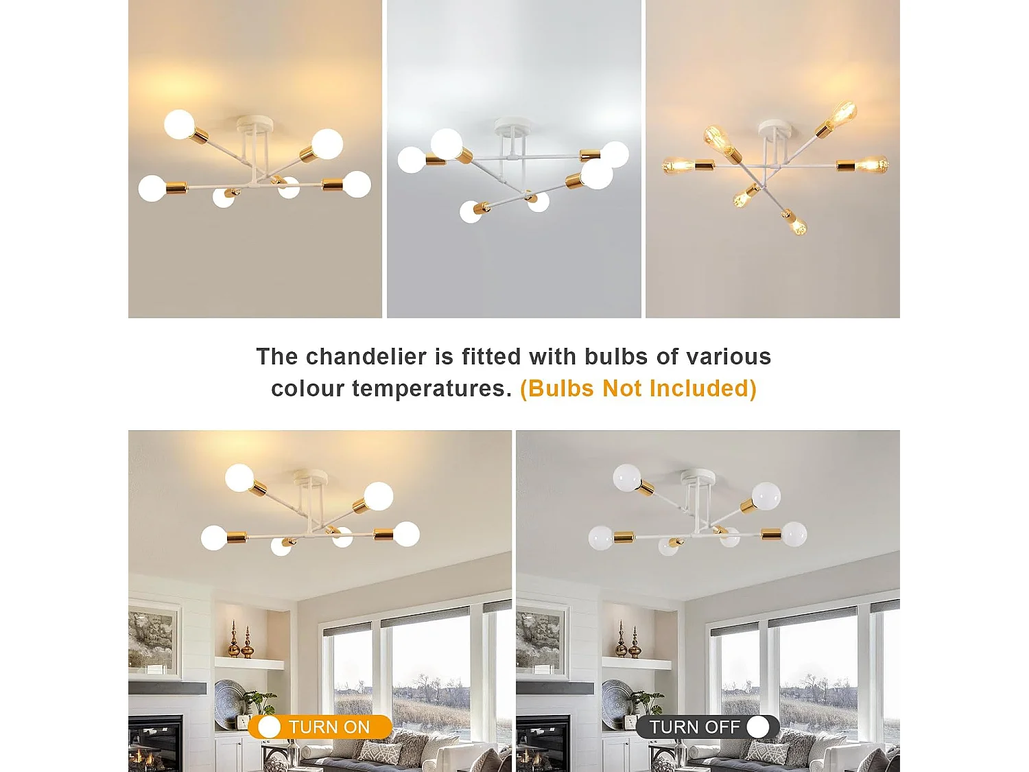 Lustre vintage 6 lumières E27 60cm, style moderne, pour salon, salle à manger, cuisine, blanc et doré, puissance maximale 60W (ampoule non incluse)