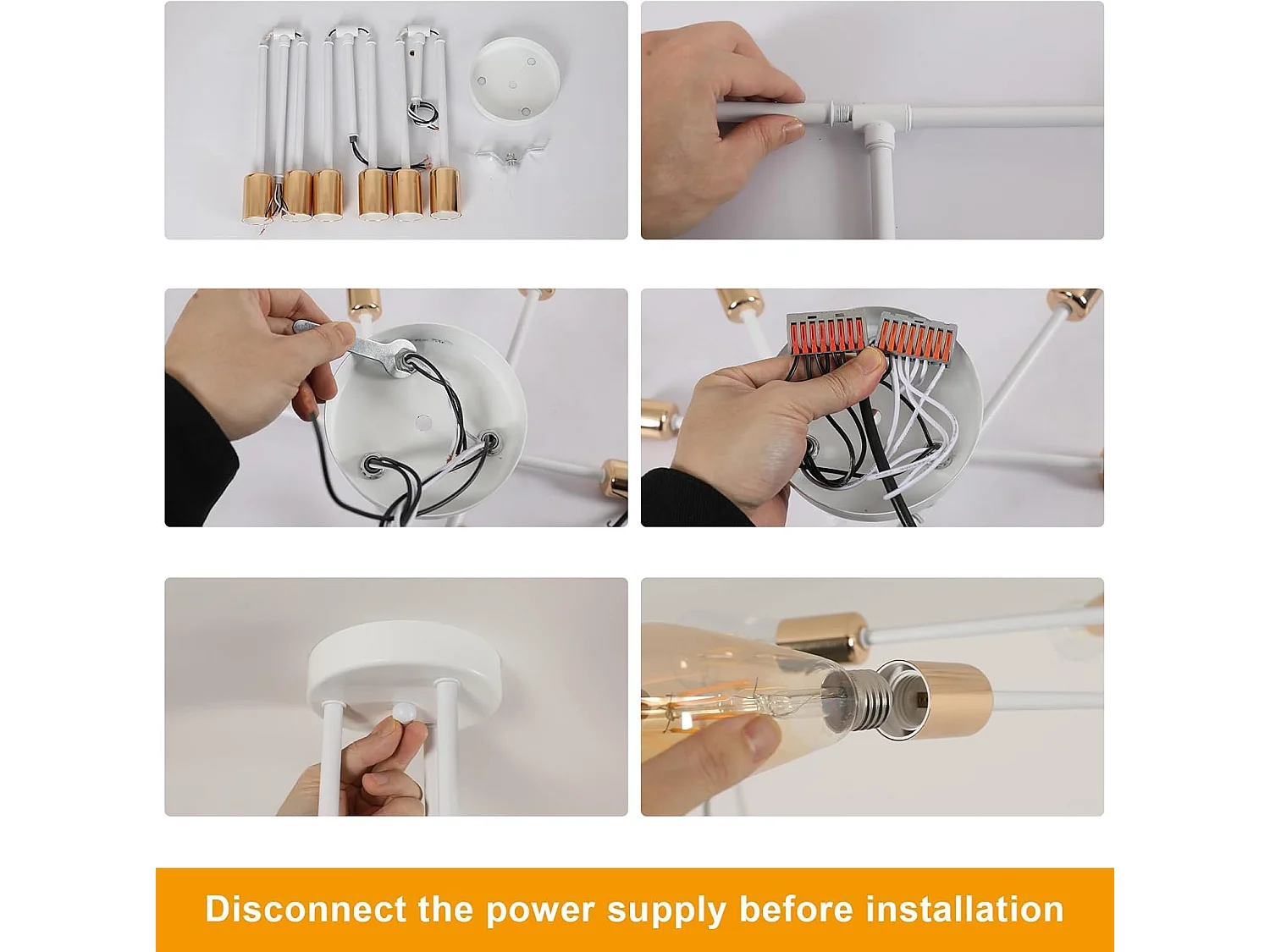 Lustre vintage 6 lumières E27 60cm, style moderne, pour salon, salle à manger, cuisine, blanc et doré, puissance maximale 60W (ampoule non incluse)