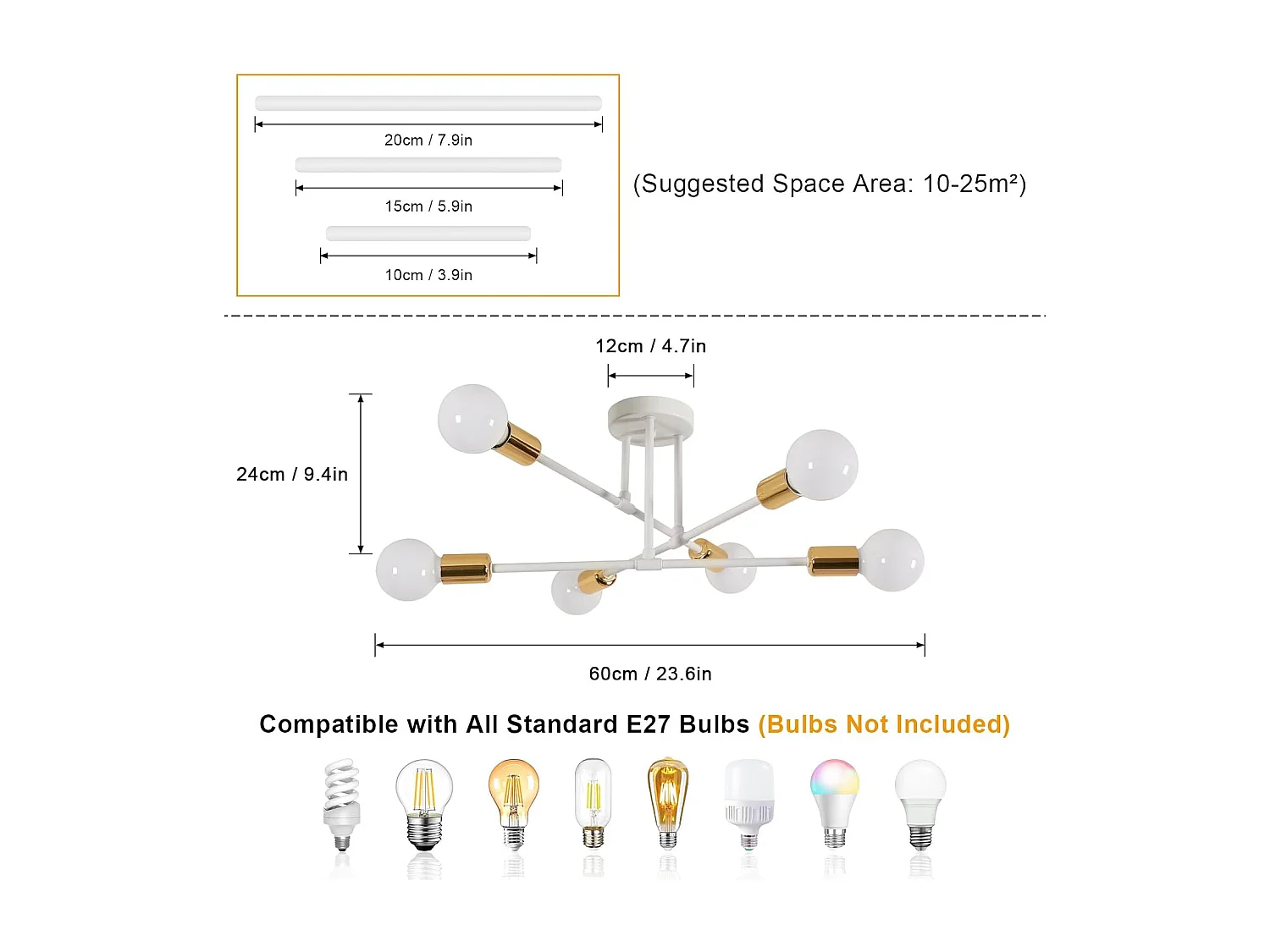 Lustre vintage 6 lumières E27 60cm, style moderne, pour salon, salle à manger, cuisine, blanc et doré, puissance maximale 60W (ampoule non incluse)