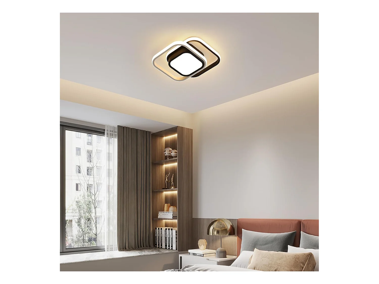 Plafonnier LED carré moderne 32 W 2 400 lm Noir Convient pour chambre, salon, cuisine, salle à manger Lumière blanche chaude 3 000 K
