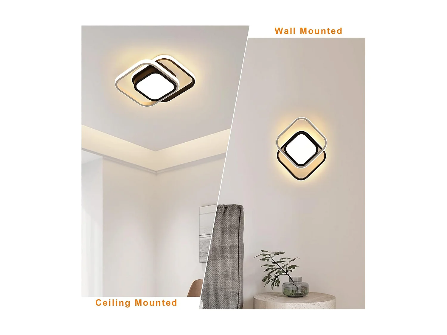 Plafonnier LED carré moderne 32 W 2 400 lm Noir Convient pour chambre, salon, cuisine, salle à manger Lumière blanche chaude 3 000 K