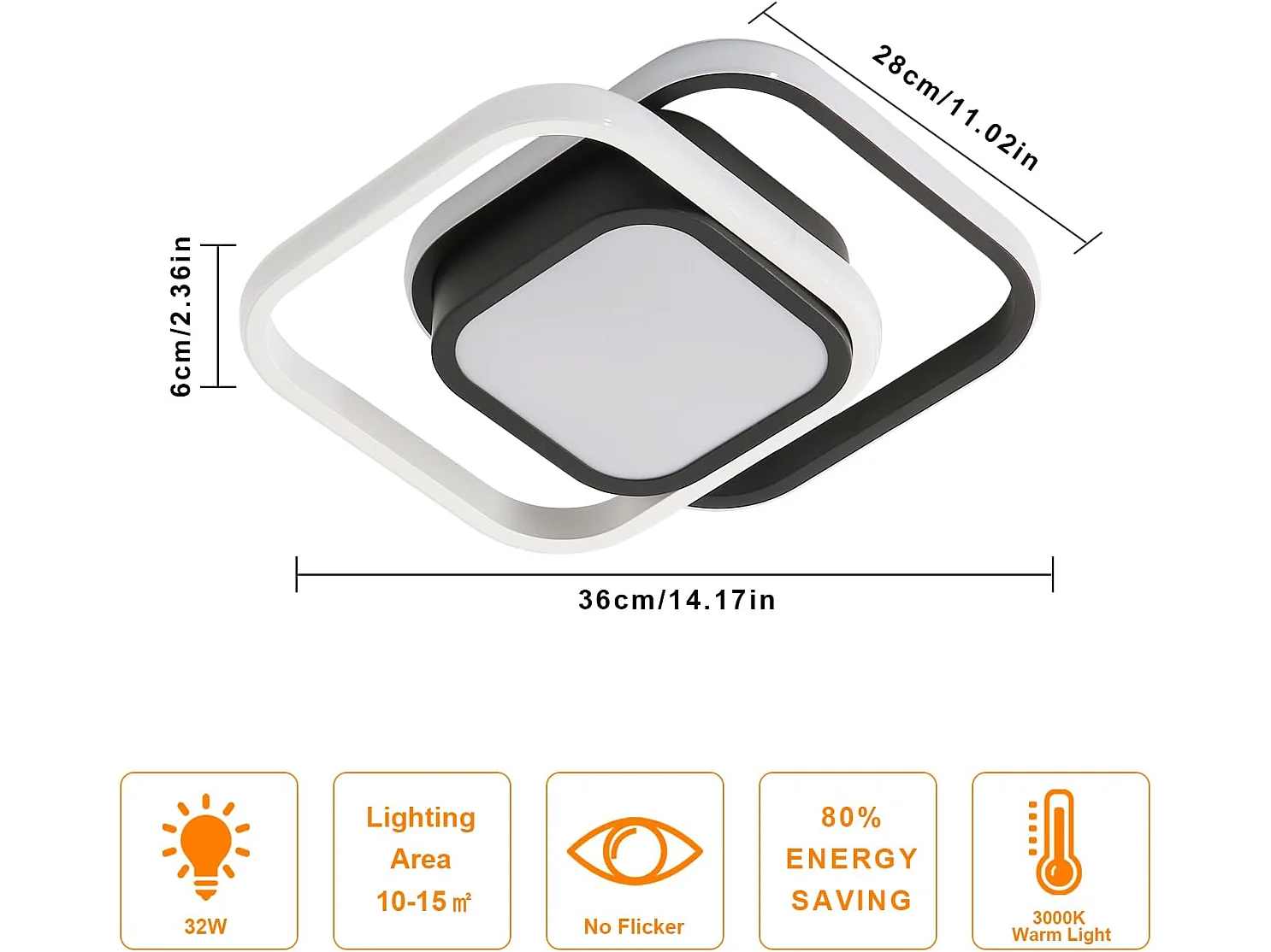 Plafonnier LED carré moderne 32 W 2 400 lm Noir Convient pour chambre, salon, cuisine, salle à manger Lumière blanche chaude 3 000 K