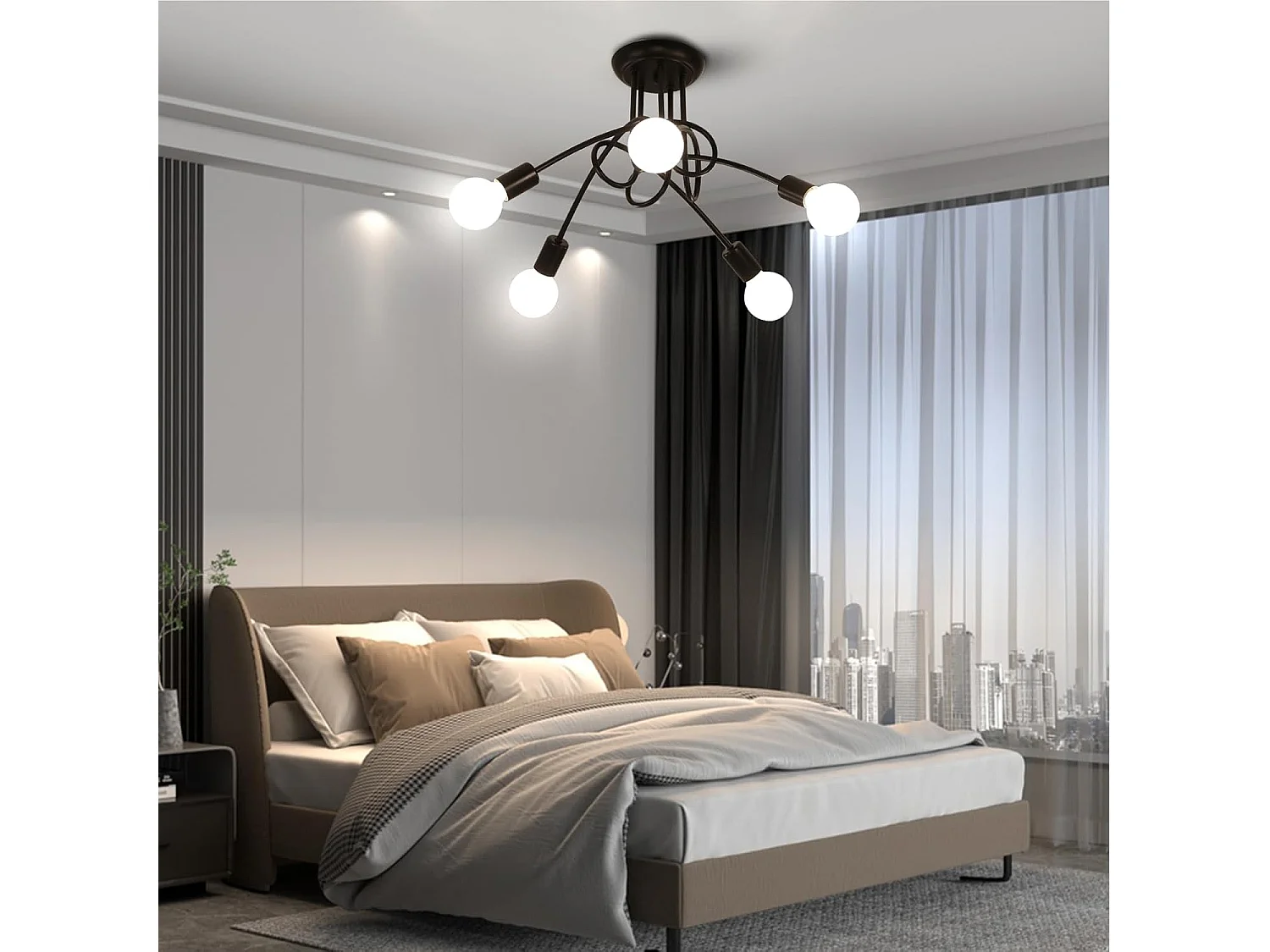 Plafonnier style industriel, suspension moderne en fer forgé, plafonnier noir 5 lumières E27 pour salon, chambre, cuisine (ampoule non incluse)