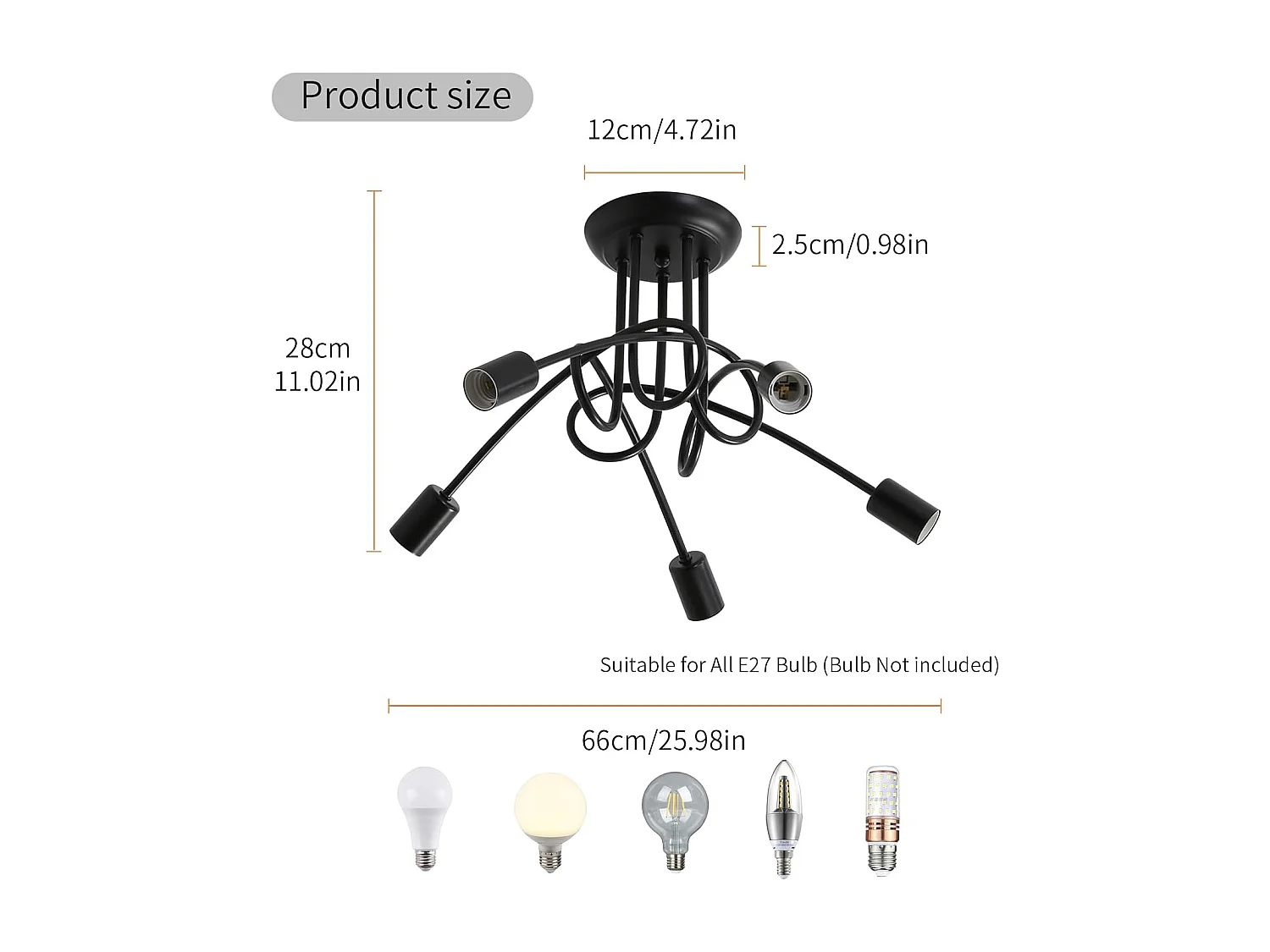 Plafonnier style industriel, suspension moderne en fer forgé, plafonnier noir 5 lumières E27 pour salon, chambre, cuisine (ampoule non incluse)