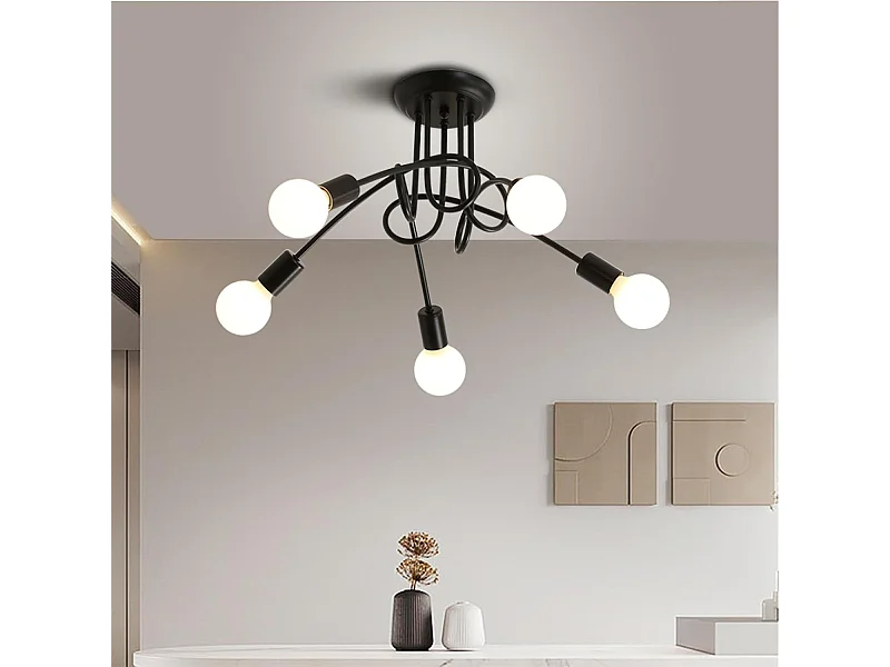 Plafonnier style industriel, suspension moderne en fer forgé, plafonnier noir 5 lumières E27 pour salon, chambre, cuisine (ampoule non incluse)