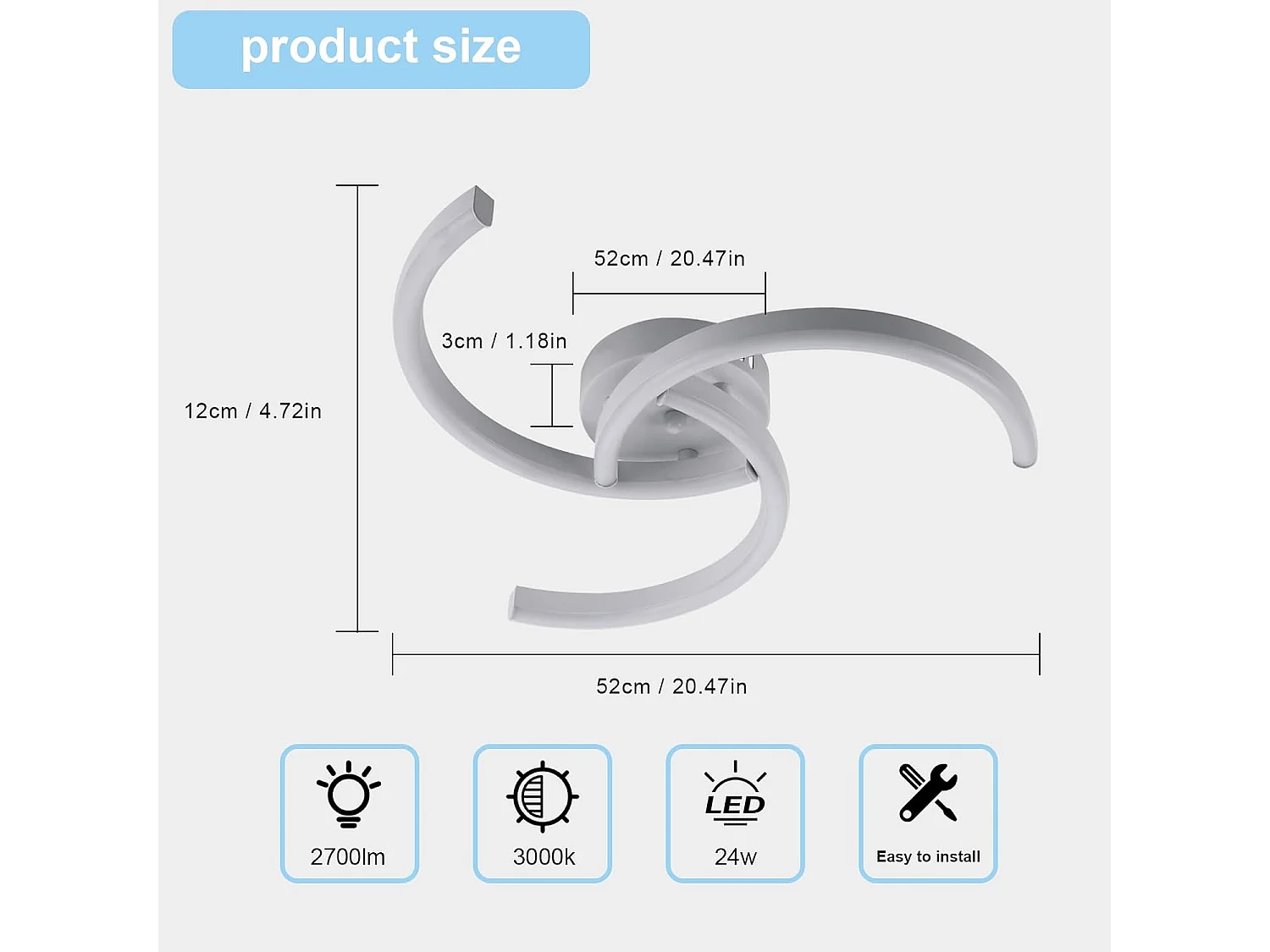 Plafonnier LED moderne en spirale 24 W, luminaire de plafond blanc de 52 cm pour salon et chambre à coucher, lumière blanche froide 6500 K