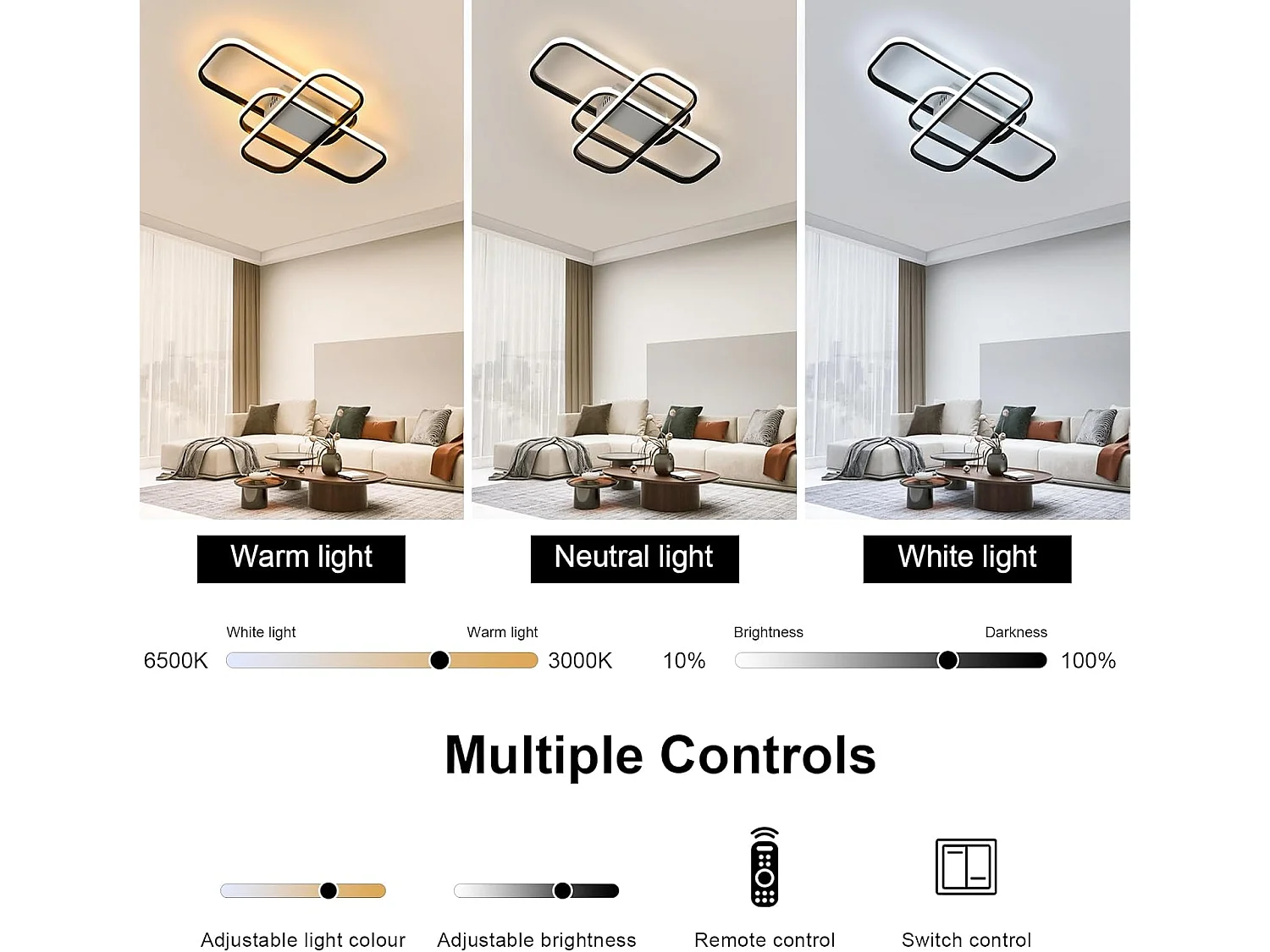 Plafonnier LED à intensité variable, 44W, moderne, noir, avec télécommande, 3000K-6500K, pour salon, chambre à coucher, salle à manger, en métal