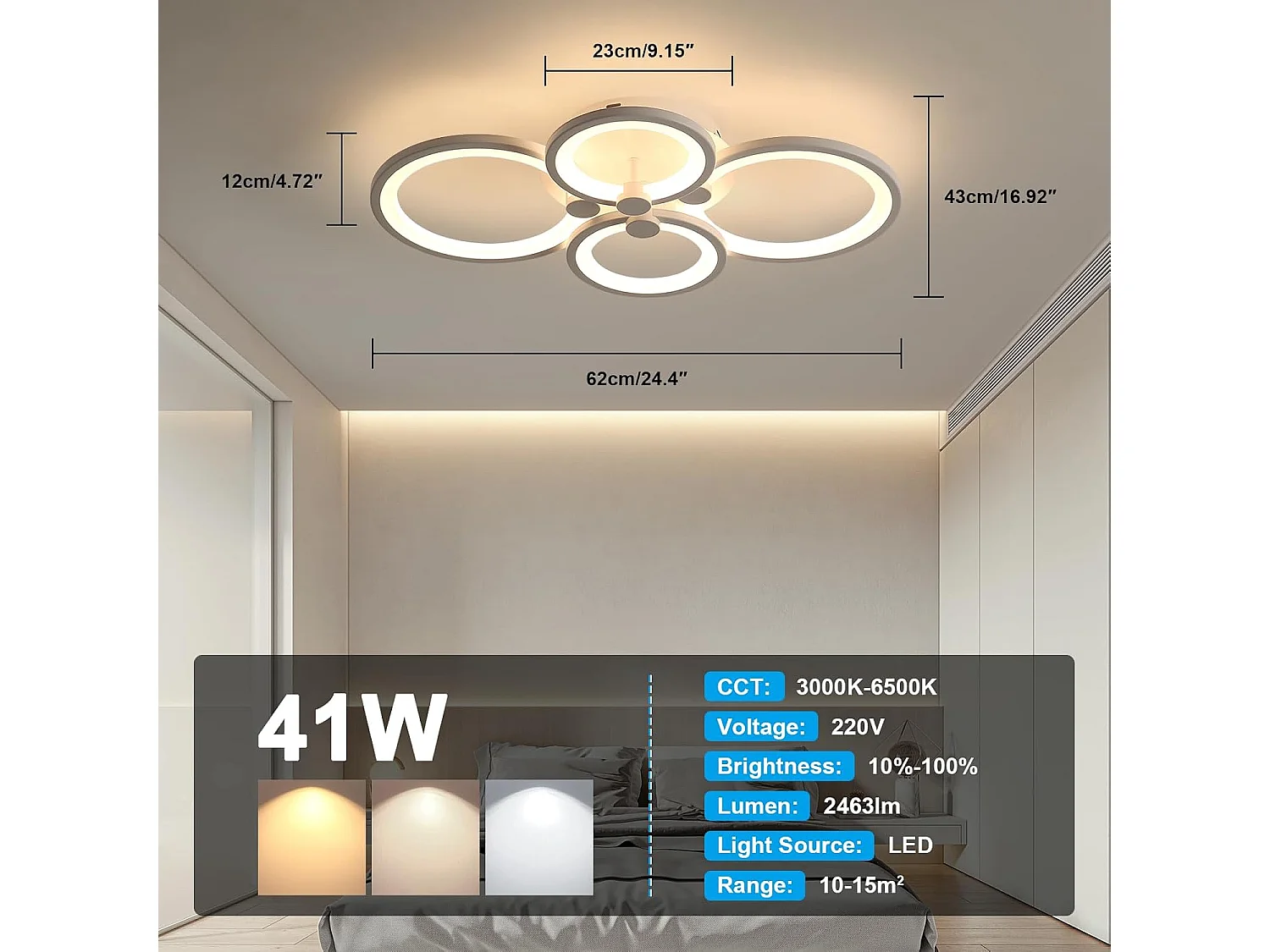 Plafonnier LED 40 W à intensité variable, avec télécommande, 3000 K-6500 K, idéal pour un salon, une chambre ou une cuisine, diamètre 58 cm, blanc