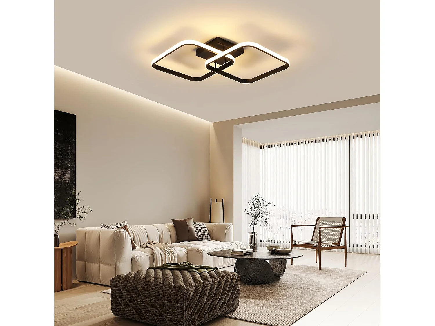 Plafonnier LED carré noir de style moderne 42 W, lumière blanche chaude 3000 K, motif géométrique, idéal pour une chambre, un salon ou une cuisine