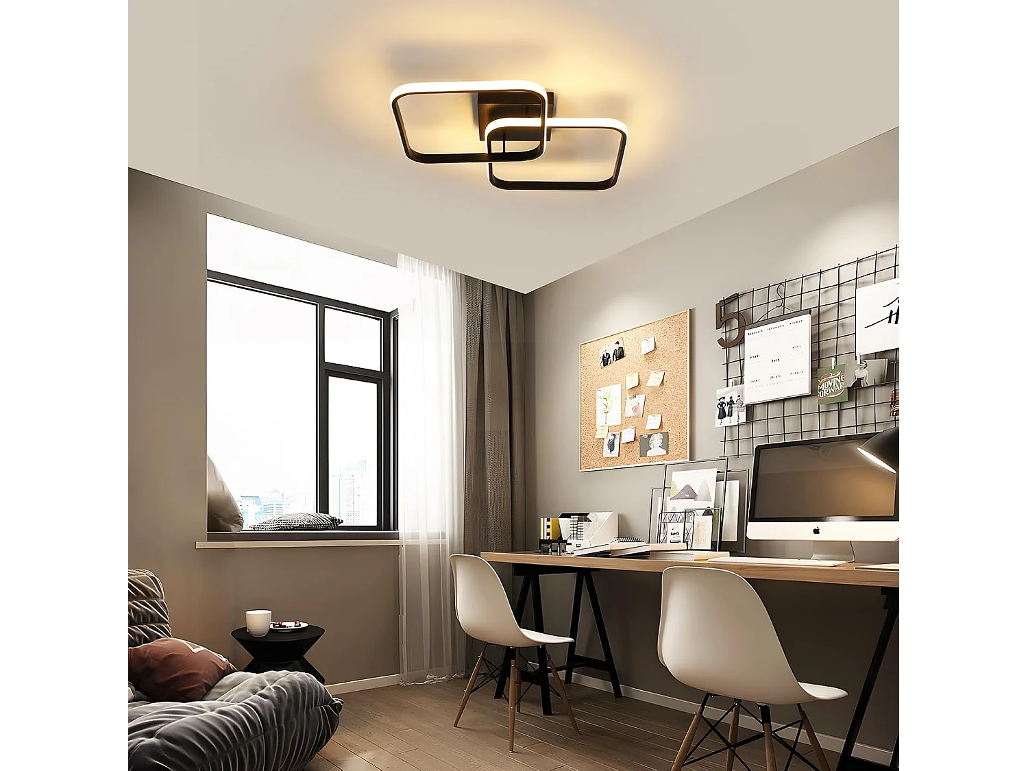 Plafonnier LED carré noir de style moderne 42 W, lumière blanche chaude 3000 K, motif géométrique, idéal pour une chambre, un salon ou une cuisine