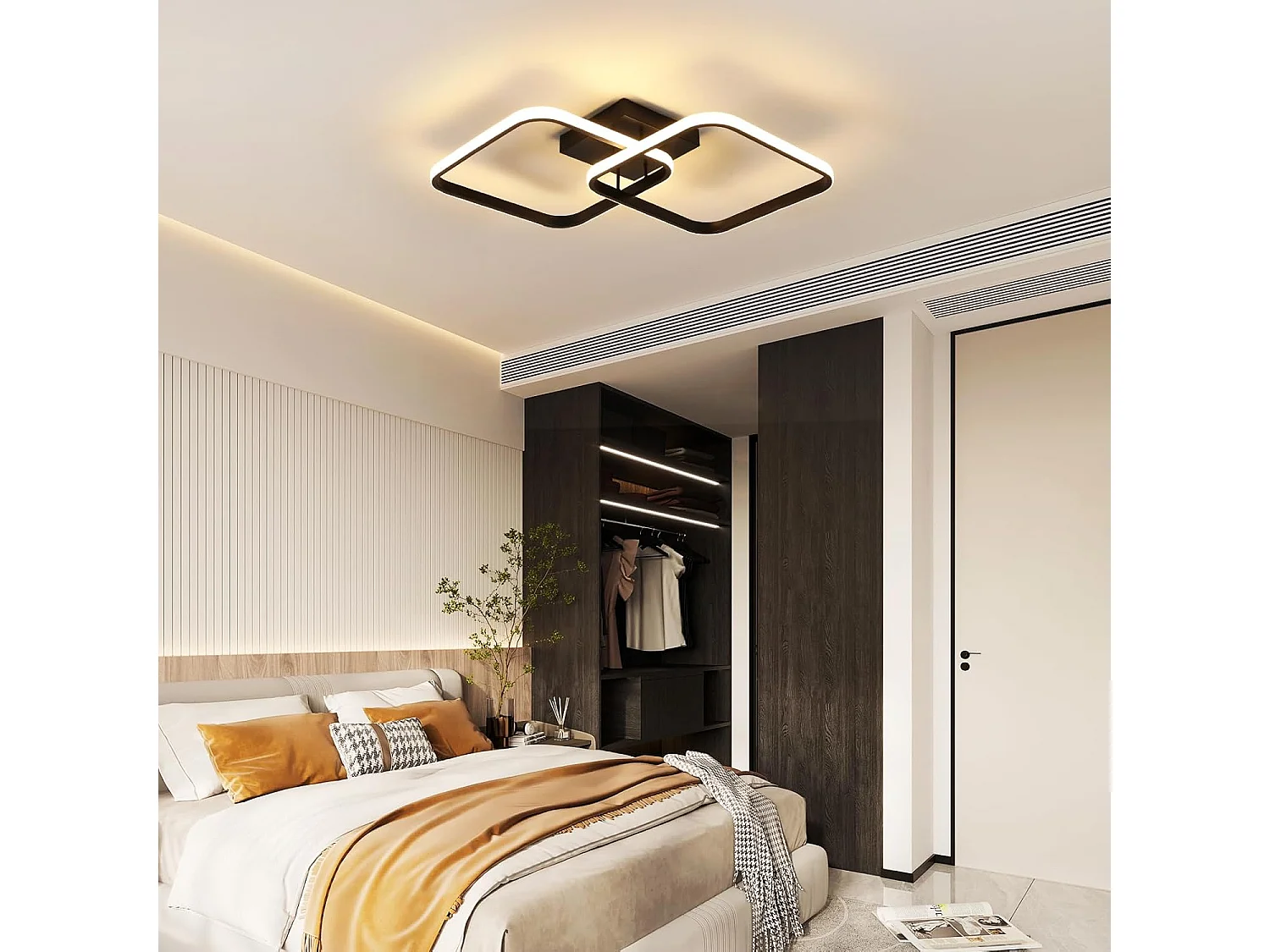Plafonnier LED carré noir de style moderne 42 W, lumière blanche chaude 3000 K, motif géométrique, idéal pour une chambre, un salon ou une cuisine