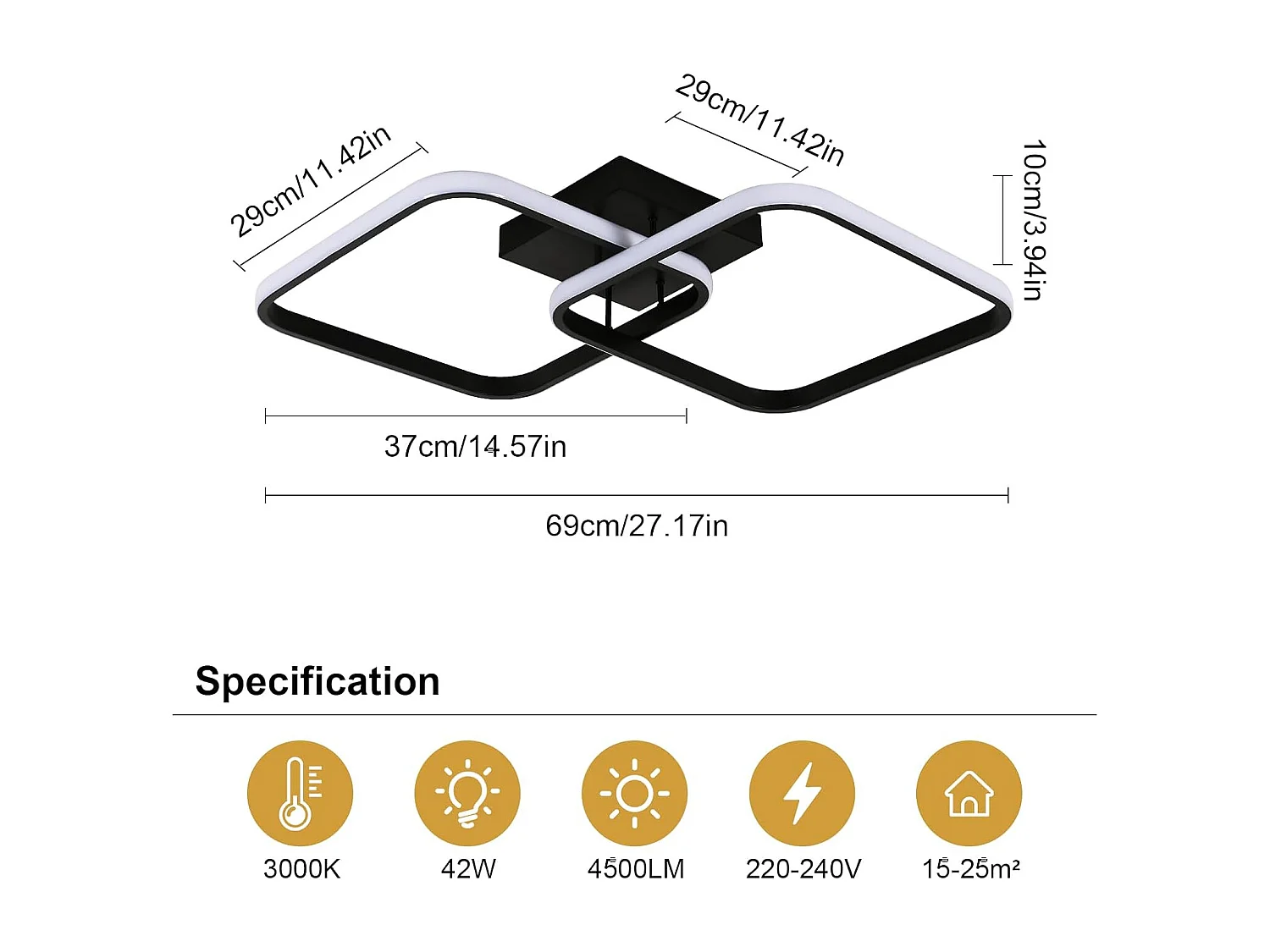 Plafonnier LED carré noir de style moderne 42 W, lumière blanche chaude 3000 K, motif géométrique, idéal pour une chambre, un salon ou une cuisine