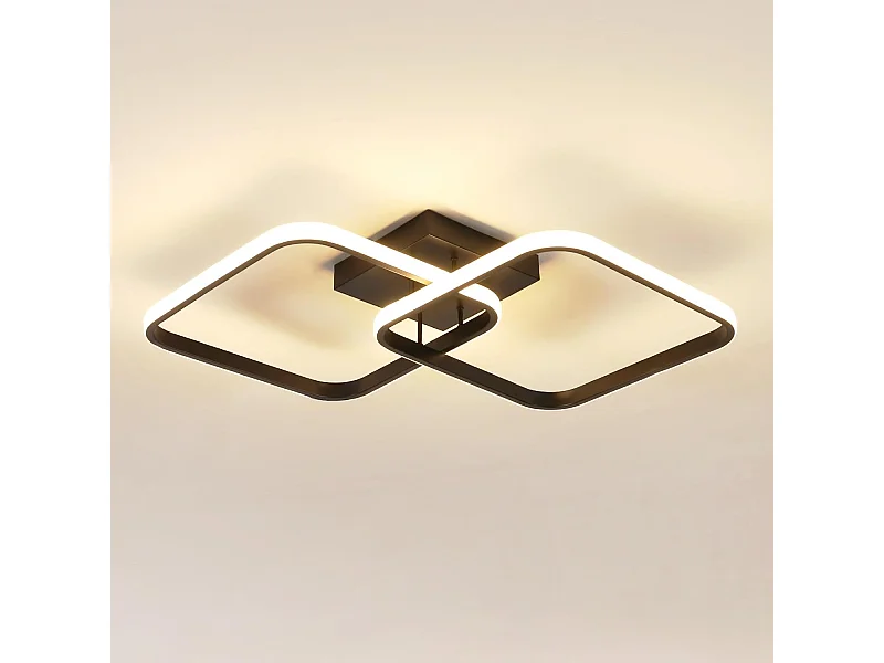 Plafonnier LED carré noir de style moderne 42 W, lumière blanche chaude 3000 K, motif géométrique, idéal pour une chambre, un salon ou une cuisine
