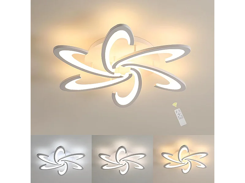Plafonnier LED moderne à intensité variable, 54 W, design floral créatif, avec télécommande, 3 000 K-6 500 K, 6 têtes, 70 cm