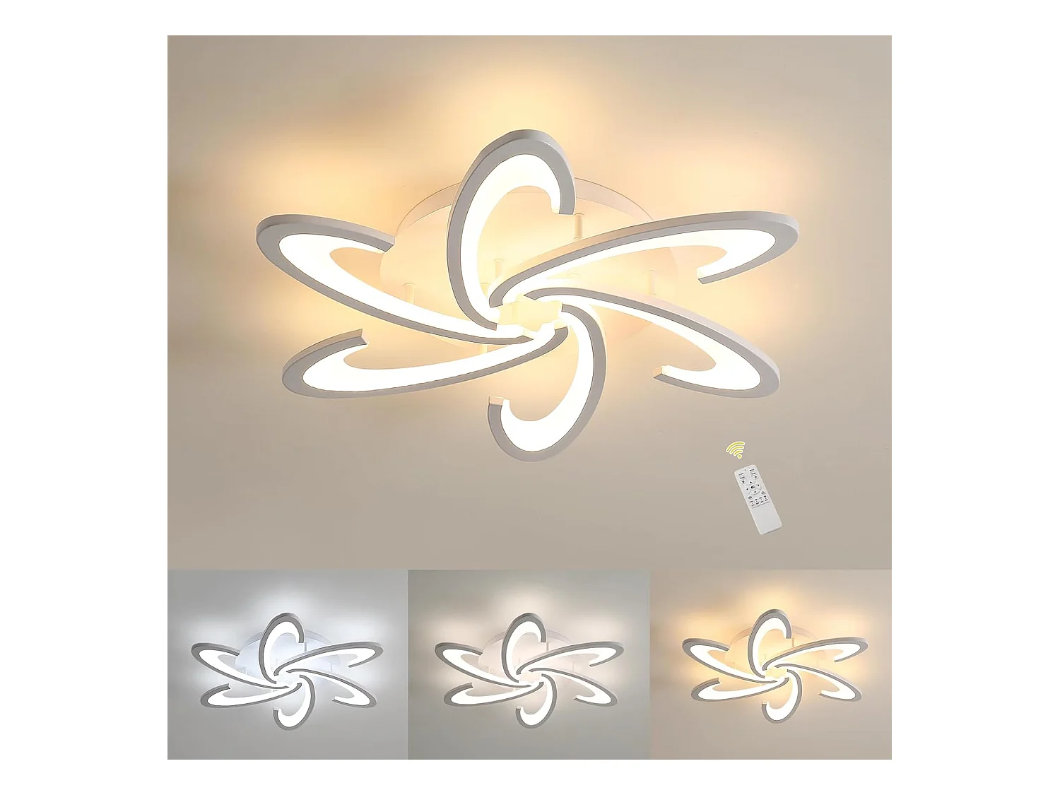 Plafonnier LED moderne à intensité variable, 54 W, design floral créatif, avec télécommande, 3 000 K-6 500 K, 6 têtes, 70 cm