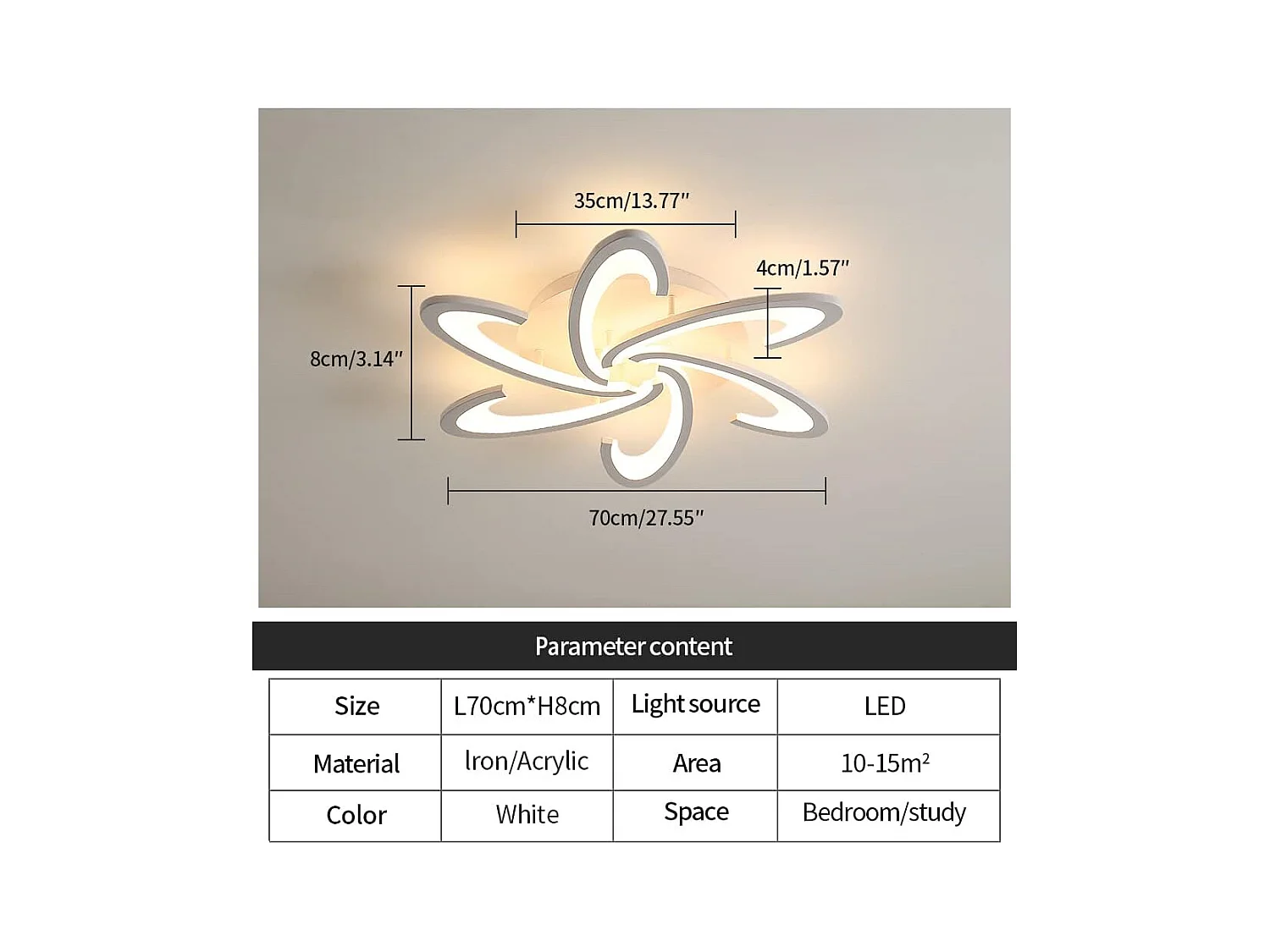 Plafonnier LED moderne à intensité variable, 54 W, design floral créatif, avec télécommande, 3 000 K-6 500 K, 6 têtes, 70 cm