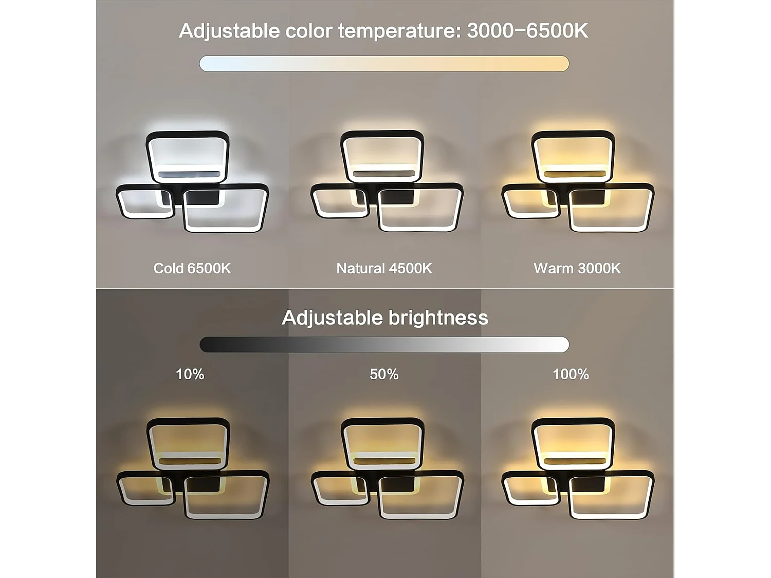 Plafonnier LED carré à intensité variable, 57cm, 45W, noir, style contemporain, avec télécommande, pour salon, intensité variable 3000K-6500K