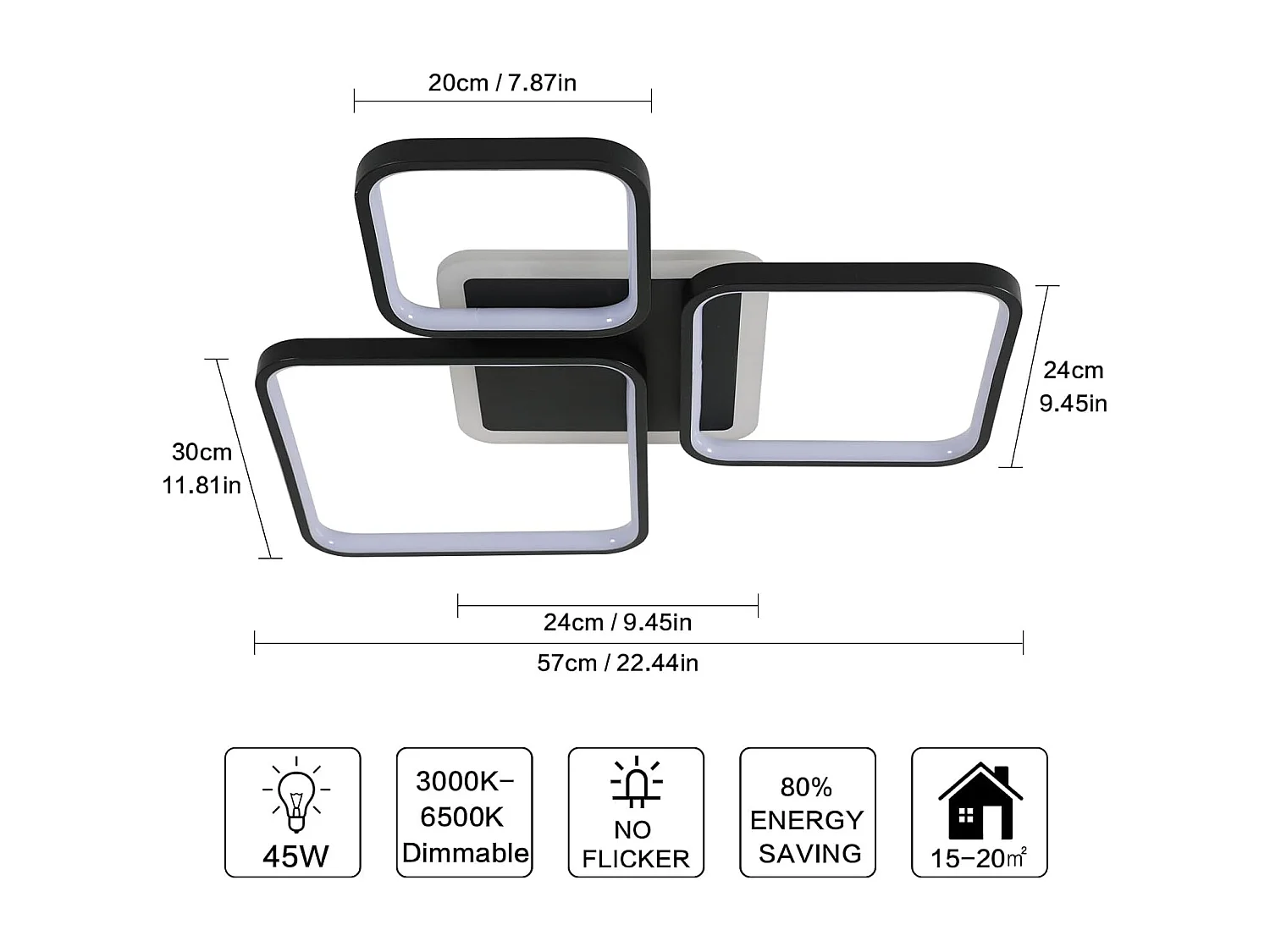 Plafonnier LED carré à intensité variable, 57cm, 45W, noir, style contemporain, avec télécommande, pour salon, intensité variable 3000K-6500K