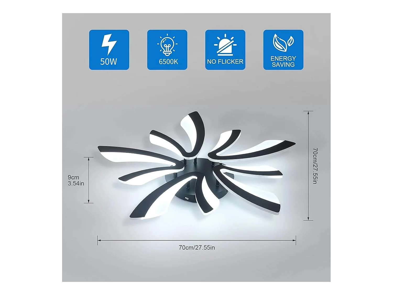 Plafonnier moderne, 50W, 5625lm, éclairage LED, idéal pour un salon ou une chambre à coucher, 72cm, lumière blanche froide 6500K, noir